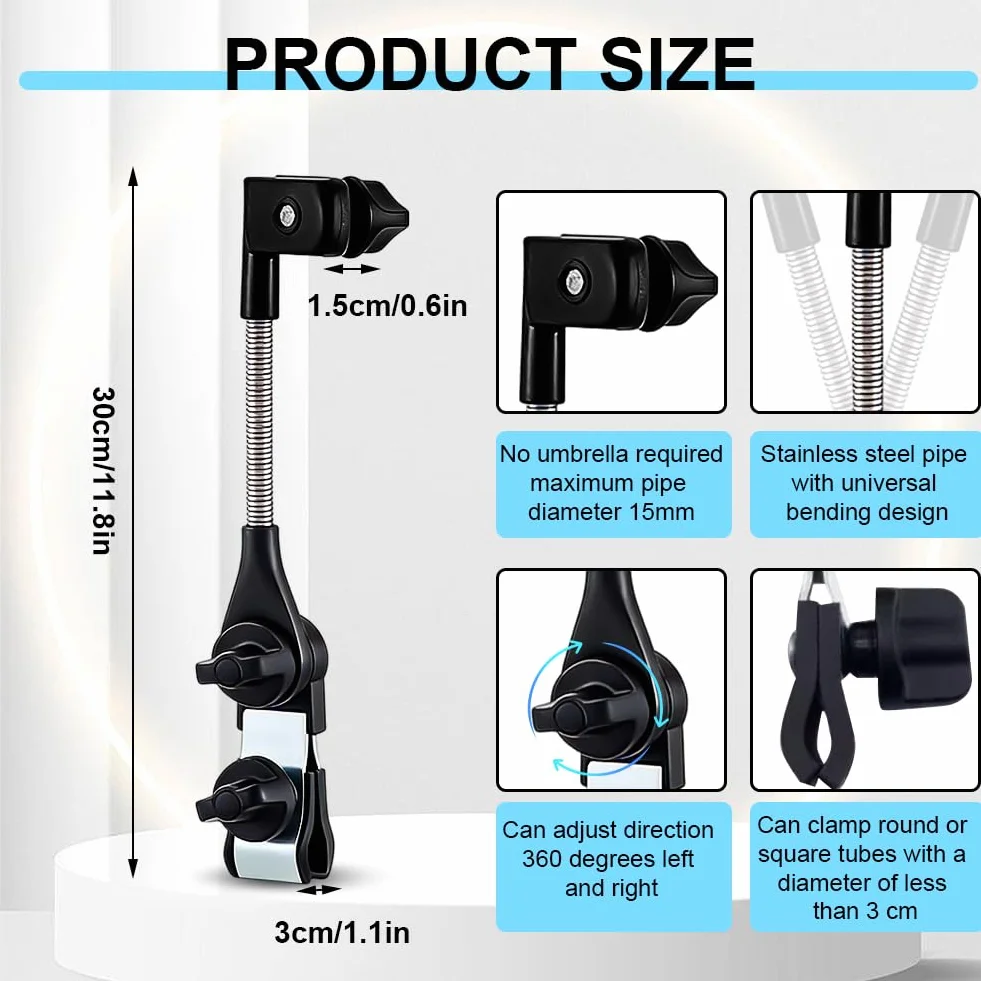 Portaombrelli Regolabile per Deambulatore e Passeggino - Supporto universale per Ombrello Ombrello Accessori per Sedia a rotelle, Bicicletta, Carrozzina, Sedia da Campeggio, Passeggino - Ombrello