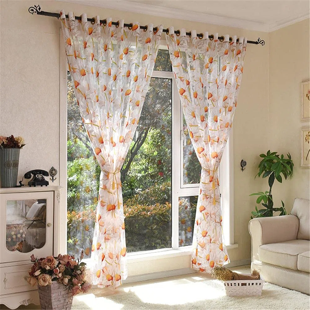 Tende in voile, con occhielli per finestra, motivo margherite, per camera da letto, soggiorno, porta, 1 pannello, 100 x 270 cm