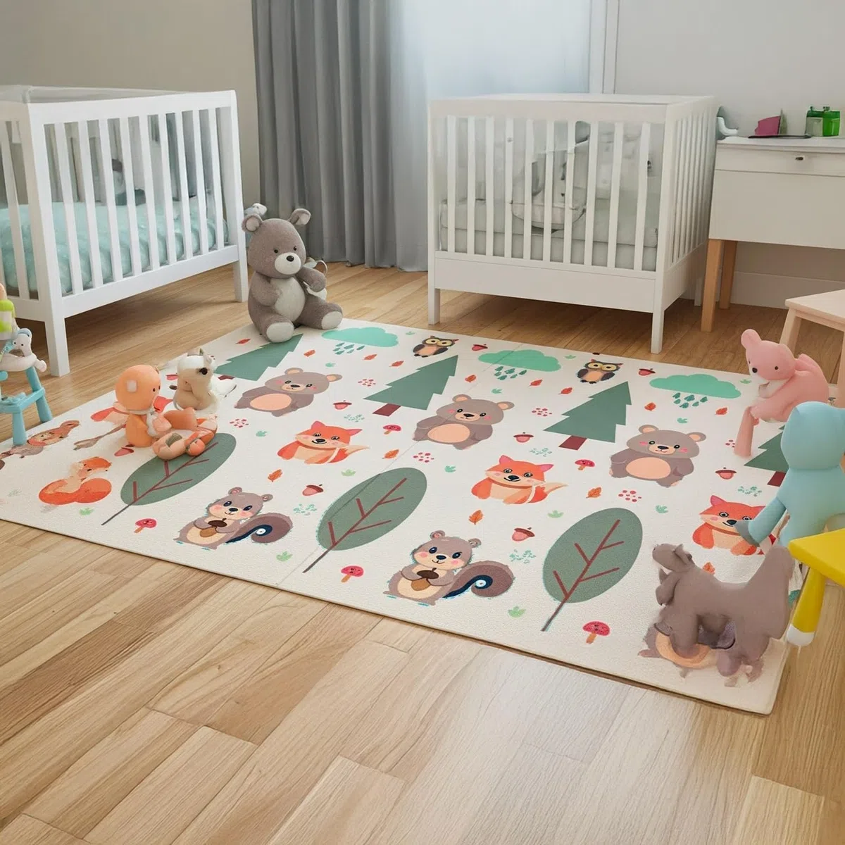Tappetino Gioco per Bambini Pieghevole, 200x150 cm, Spessore 10mm, Motivo Bosco con Animali, Verde