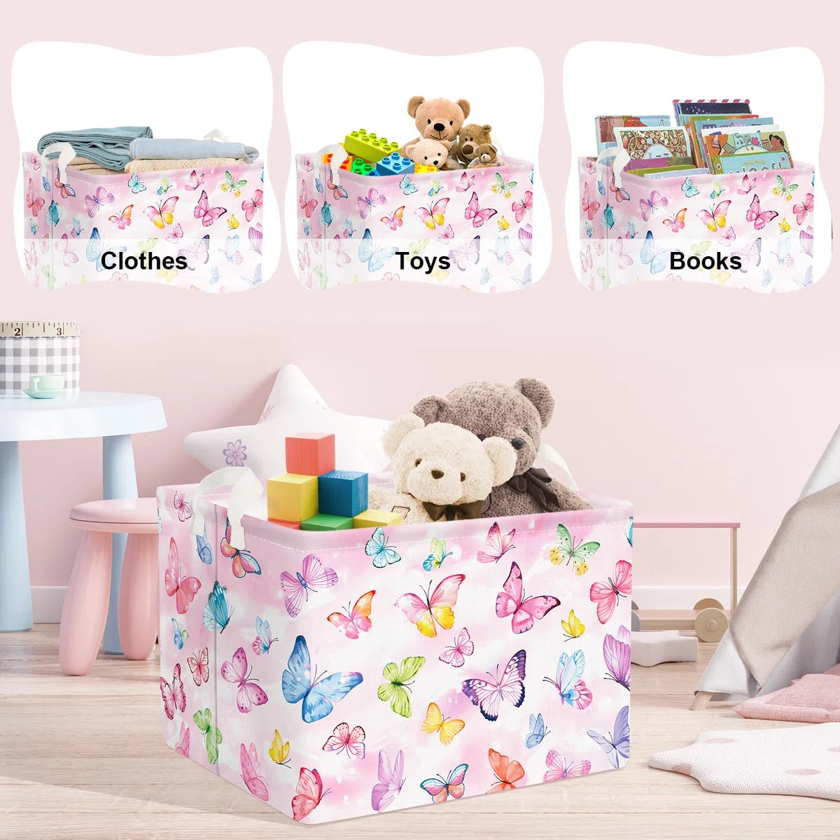 Clastyle Ceste Biancheria Bambini Farfalla Cestino Giocattoli Vestiti Impermeabile per Donna Ragazza Cestino Portaoggetti per Bagno Cameretta Bucato, Rosa, 40x30x30 cm