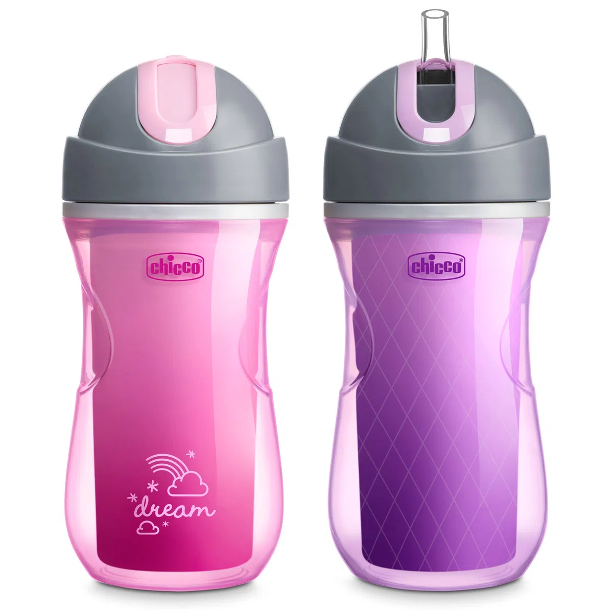 Chicco Tazza termica a doppia parete con cannuccia in silicone e coperchio antigoccia, 255 ml, lavabile in lavastoviglie, facile da tenere con rientranze ergonomiche, rosa sogno/viola, 2 pezzi, 12+
