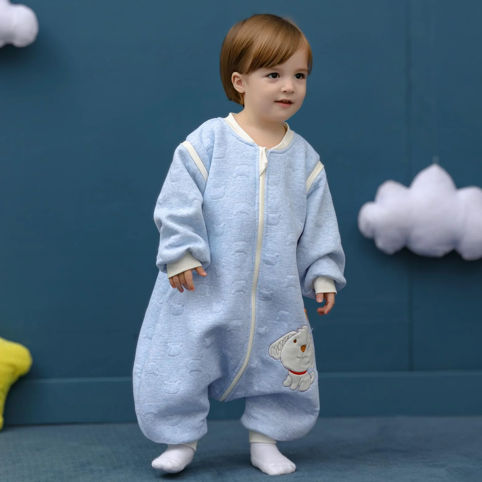 Sacco nanna invernale a maniche lunghe, per bimbe e bimbi, con aperture per i piedi e motivo di cagnolino, in cotone, unisex, per tutto l'anno, Blu 0-16 Monate