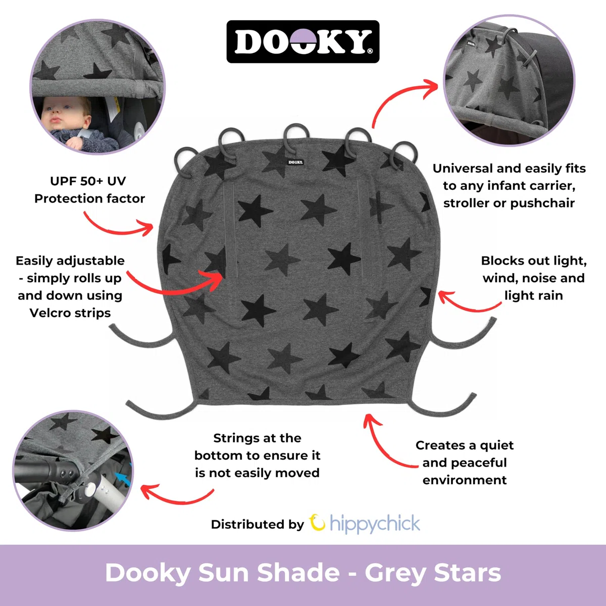 The Original Dooky 126702 Tendina per Sole Vento per Passeggino e Carrozzina, Universale, Regolabile e Traspirante, Grigio con stelle tono su tono - Grey Stars