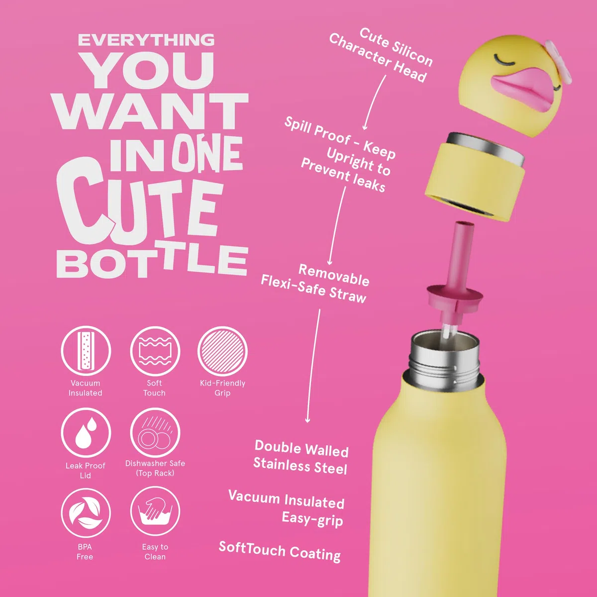 asobu Bestie - Borraccia isolata in acciaio inox, con morbida testa di animale rimovibile, per bambini e ragazzi, con cannuccia flessibile riutilizzabile (anatra)