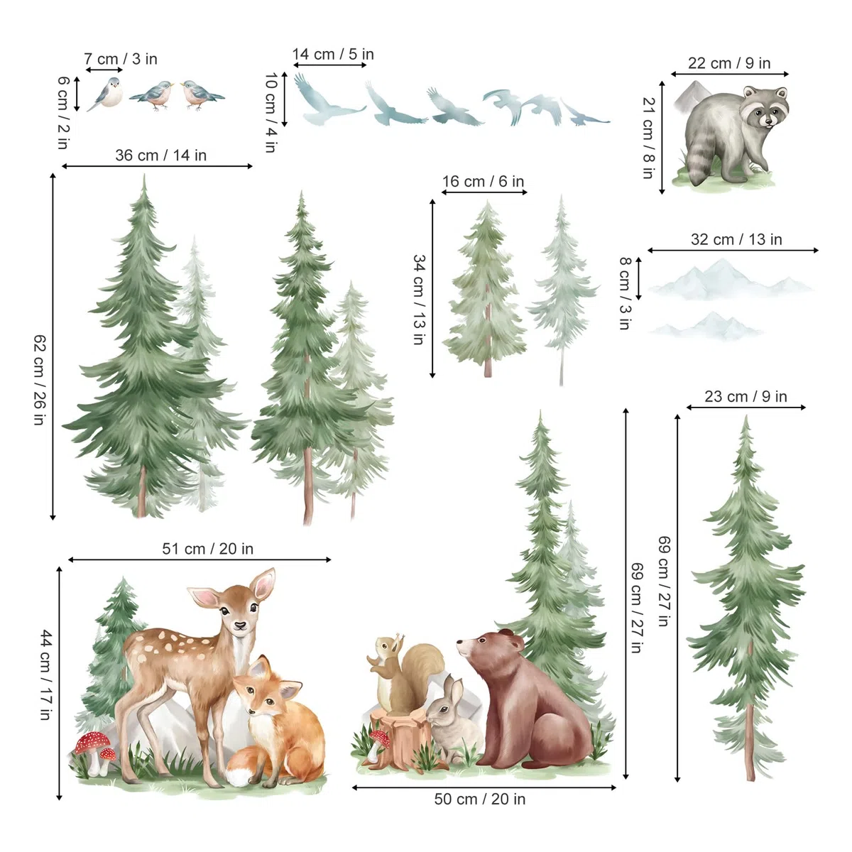 wondever Adesivi Murali Animali Foresta Albero Grande Sticker da Muro Cervo Orso Volpe Montagna Adesivi da Parete per Camerette Bambini Asilo Nido