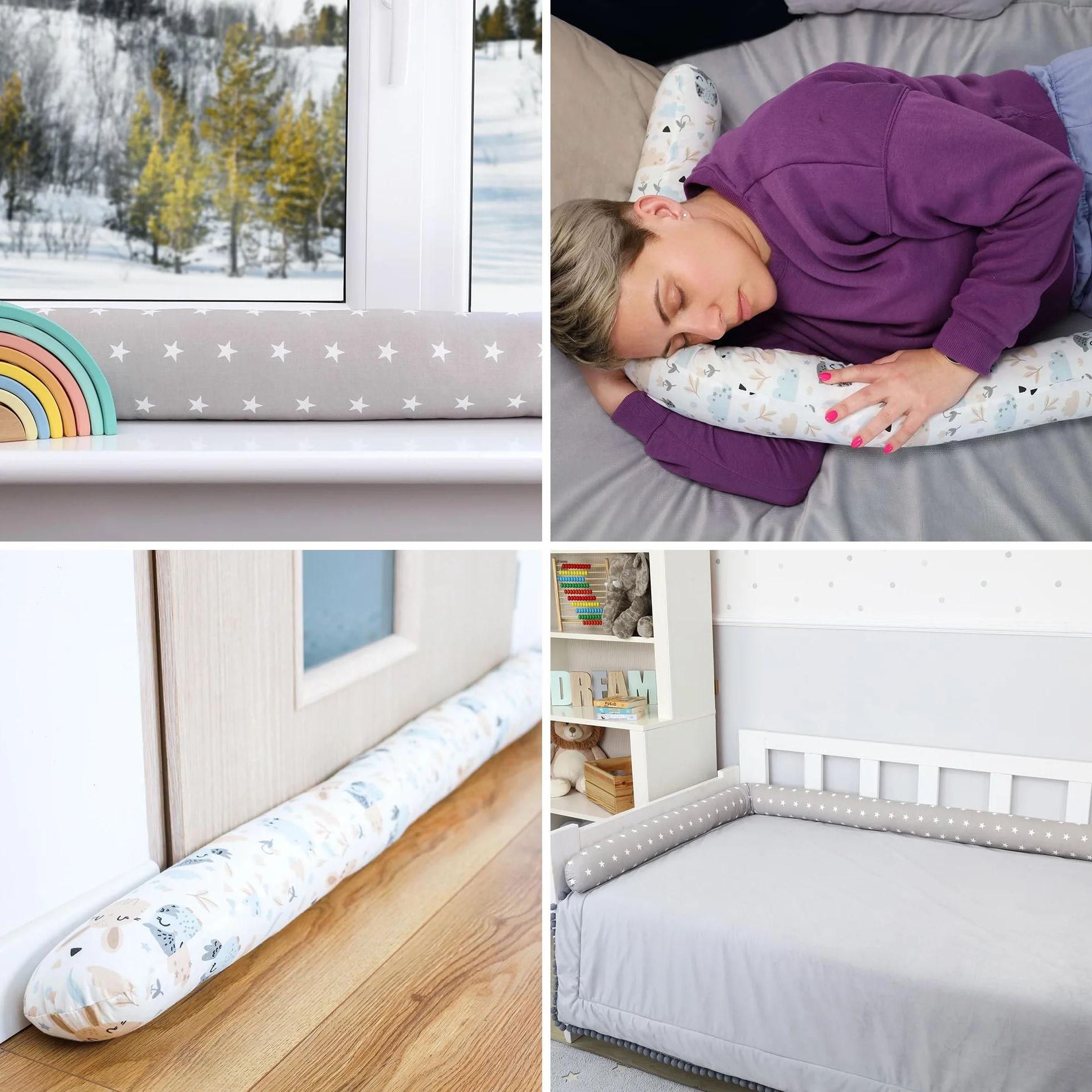 Totsy Baby Cuscino XXL a Forma di Serpente per Letto, Cuscino da Allattamento, Cuscino Decorativo, Protezione per Il Bordo del Letto, paracolpi XL Stelle Grigie su Bianco 400 cm Certificato Oeko-Tex