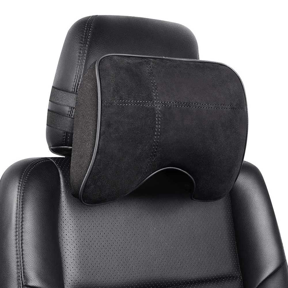 EASY EAGLE Cuscino Poggiatesta Auto in Tessuto Scamosciato e Schiuma di Memoria, Ortopedico per Collo, per Cervicale, Supporto per Seggiolino, Nero, 1 Pezzo