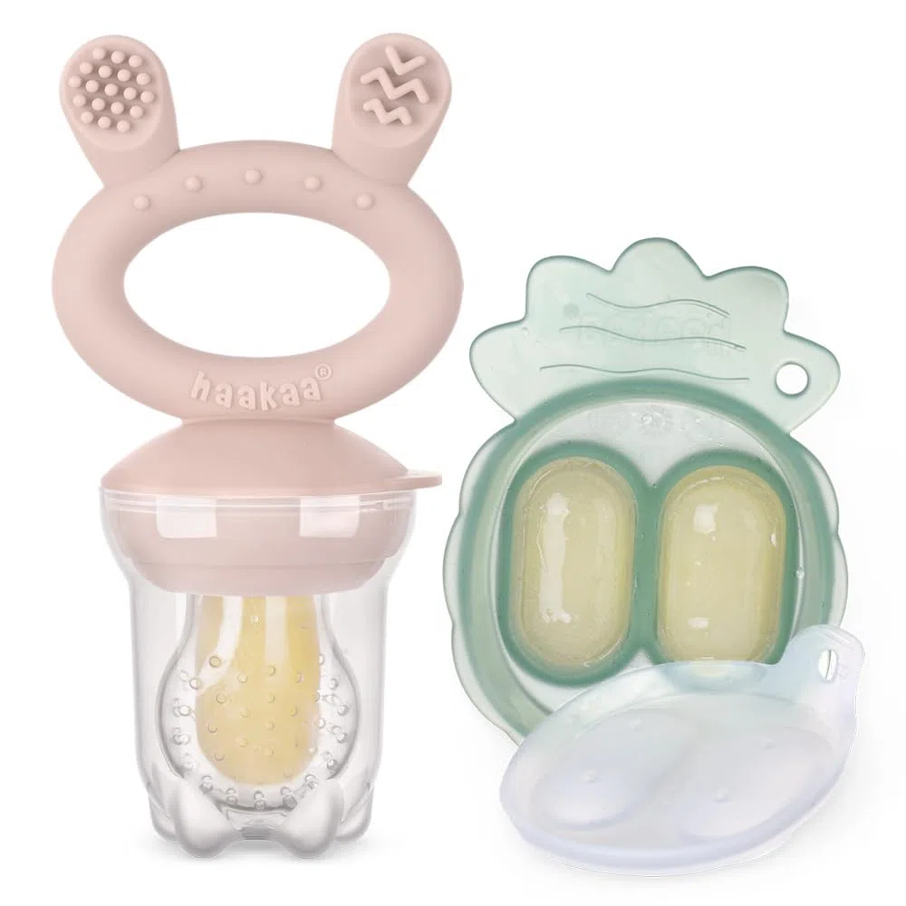 haakaa Mini Kit Freeze and Feed per Frutta e Alimenti+Vassoio Mini Freezer, Stampi per Ghiaccioli al Latte Materno per Dare Sollievo al Bambino, Alimentatore in Silicone /4+ Mesi (BLUSH)