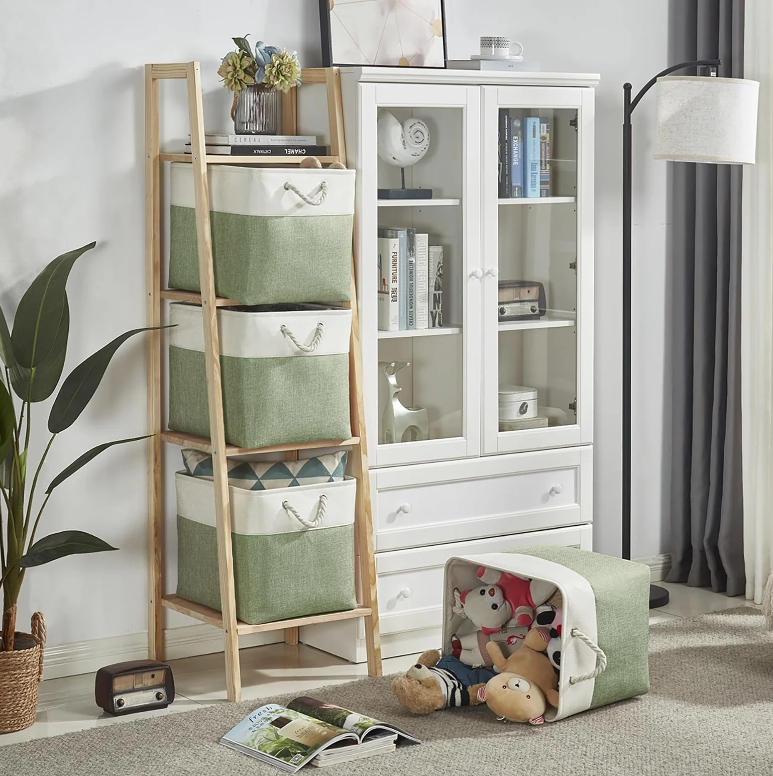 Scatole portaoggetti cubiche in tessuto, 25 x 25 x 25 cm, ceste portaoggetti in tela, per asilo, armadio, giocattoli (verde/bianco, set da 3)