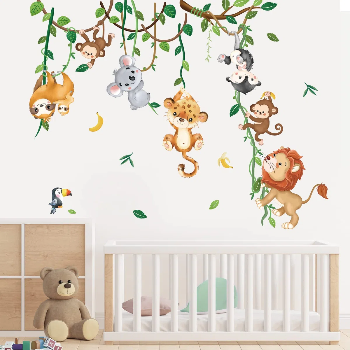 decalmile Adesivi Murali Animali della Giungla Vite Adesivi da Parete Leone Scimmia Tigre Koala Decorazione Murale Camerette Bambini Asilo Nido Camera da Letto