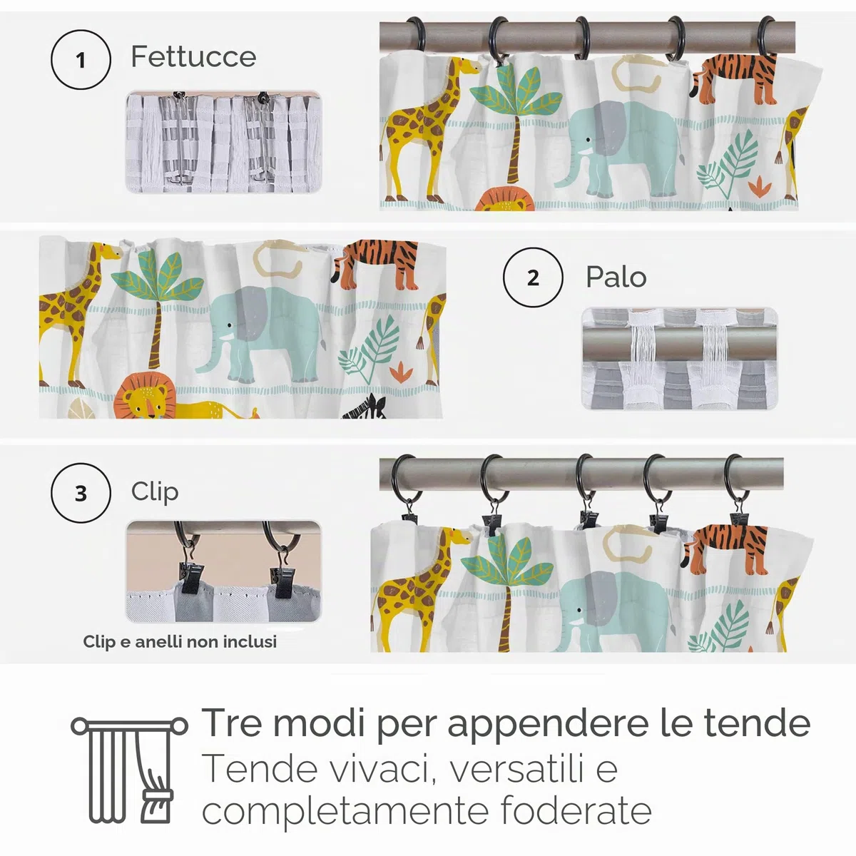 Bloomsbury Mill - Avventura Safari - Animali della Giungla - Coppia Di Tende Foderate Per Bambini Con Fermatenda - 168 cm x 183 cm