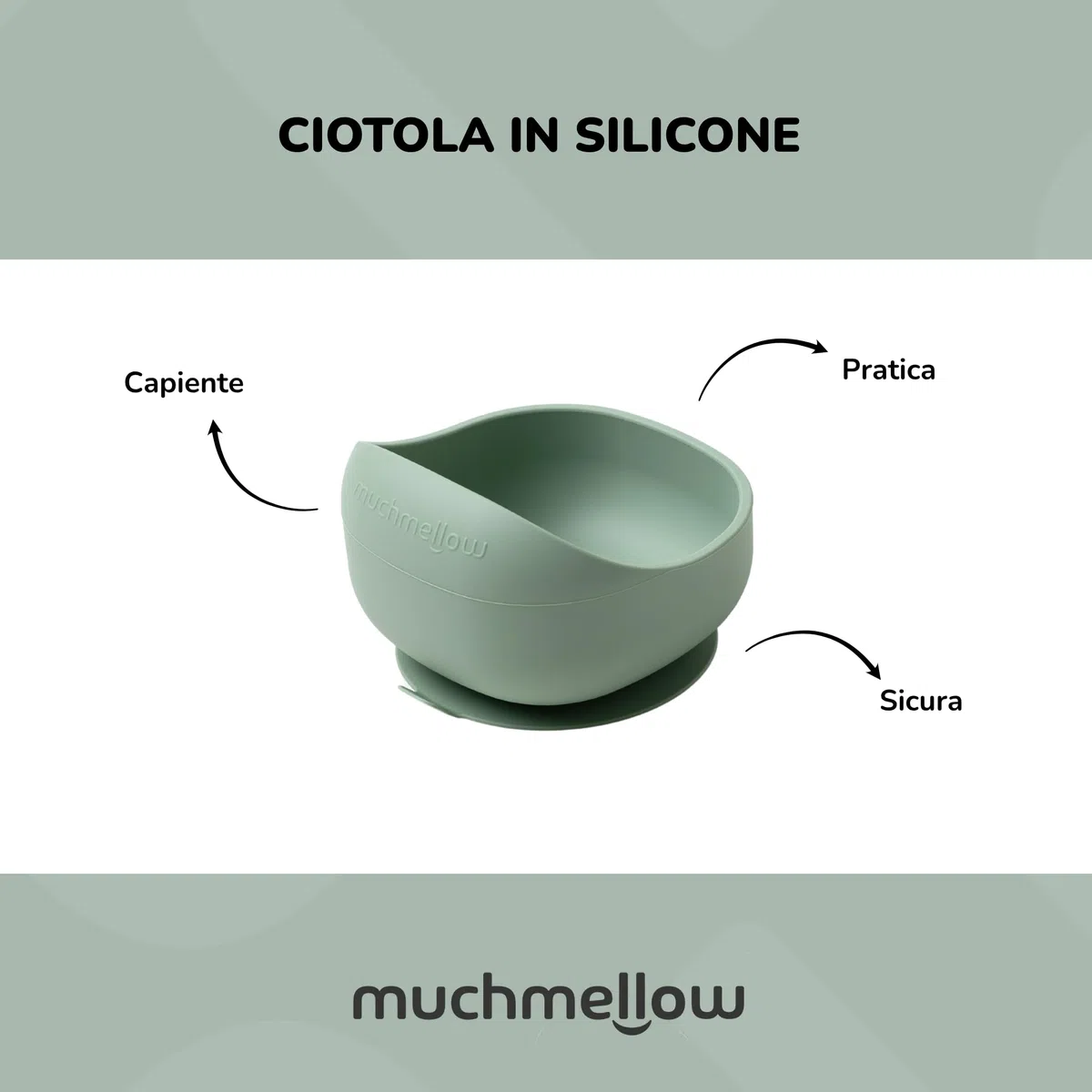 Muchmellow - Set Pappa Silicone MADE IN ITALY 3 pezzi, Ciotola con Ventosa Anticaduta, Cucchiaio, Bavaglino Regolabile, Svezzamento, Plastic Free, BPA Free, Lavabile Lavastoviglie (Verde)