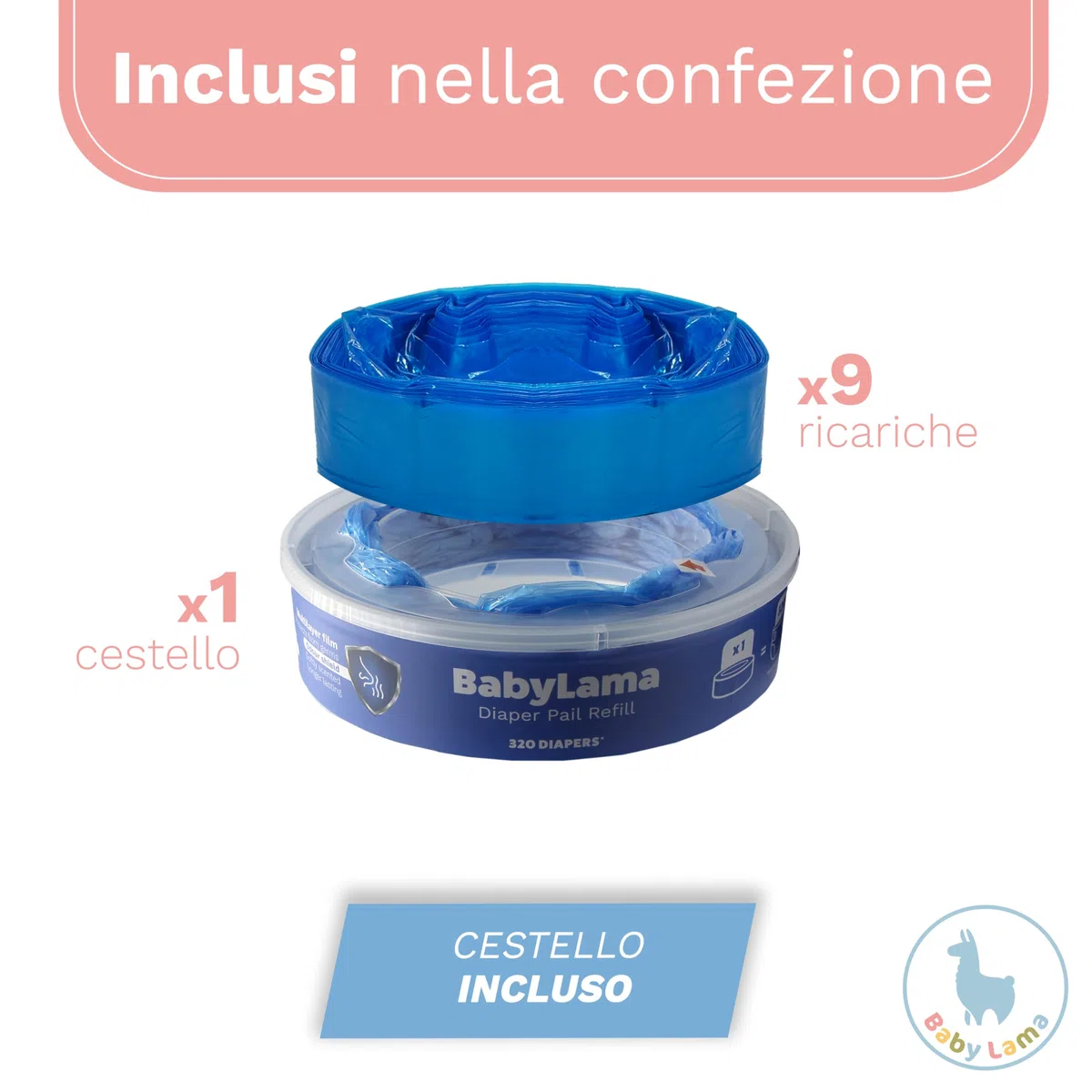Ricariche per Mangiapannolini Compatibili con Angelcare Maialino Foppapedretti. (9 Buste e 1 Cestello di Ricarica)