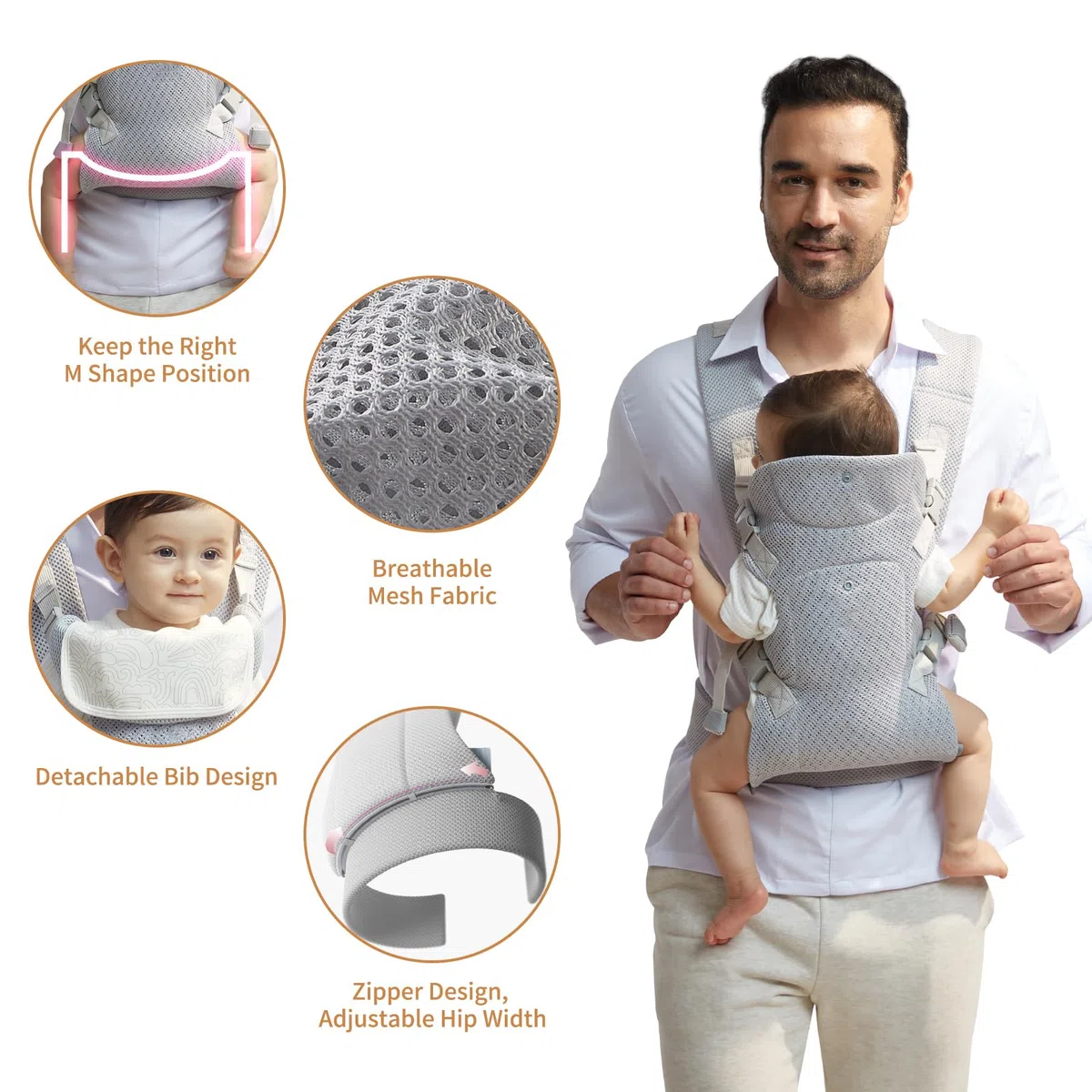 IULONEE Marsupio per Neonati Regolabile Fascia Porta Bebe Ergonomico Baby Carrier Wrap Traspirante Portabebè per Neonato Bambino Front Back Carry per Bebè 3-36 Mesi (Grigio chiaro)