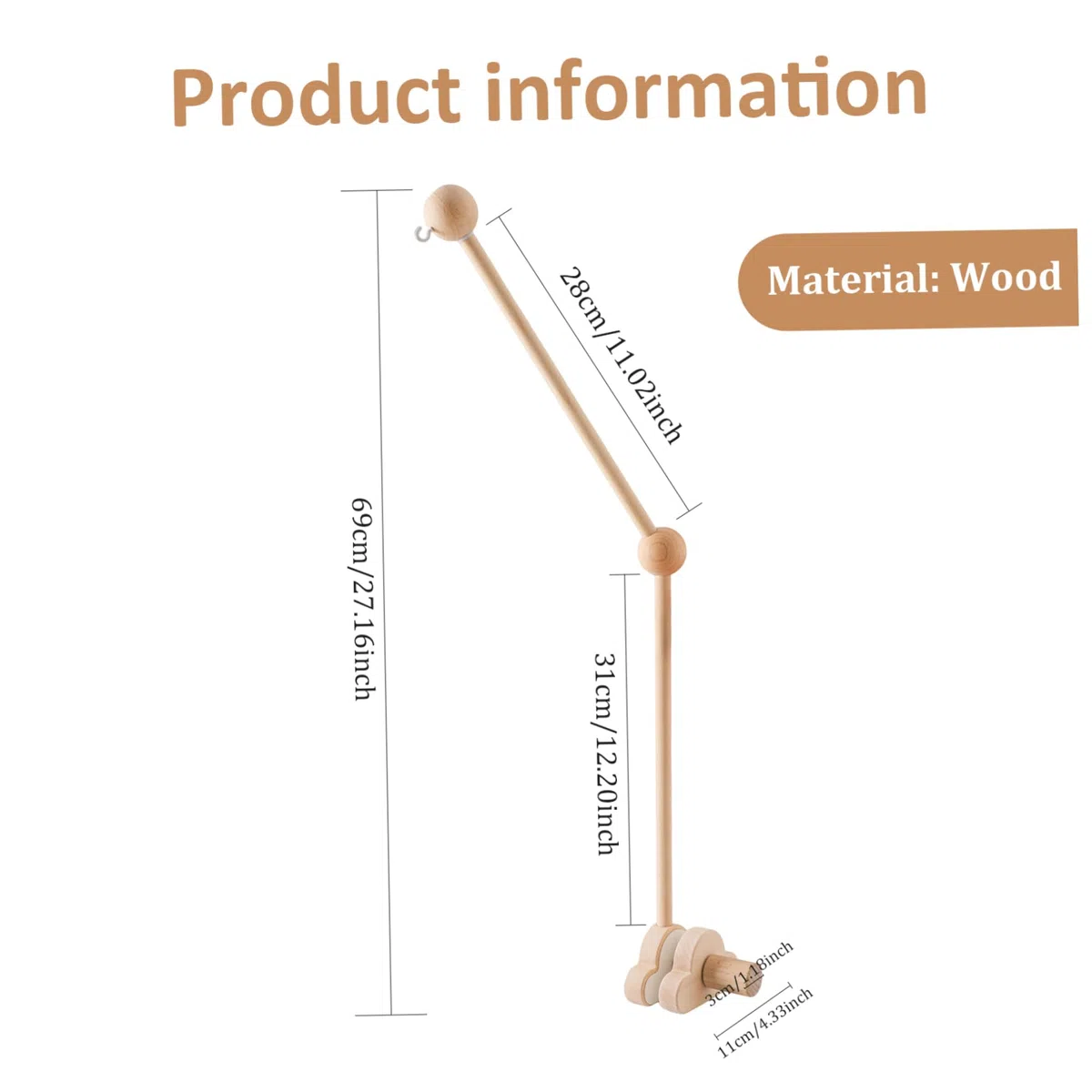 Braccio mobile per lettino da 27, 17 pollici Design a nuvola in legno Staccabile Gancio mobile per bambino regolabile in altezza Braccio per culla carino per letto Campana Campanelli eolici Gancio p