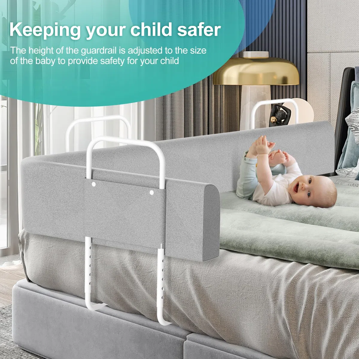 Ikodm Griglia di protezione per il letto, 200 cm, per bambini, regolabile in altezza, protezione per i bordi del letto, deformabile, ringhiera di sicurezza, per lettino, letto a molle, grigio, 9097