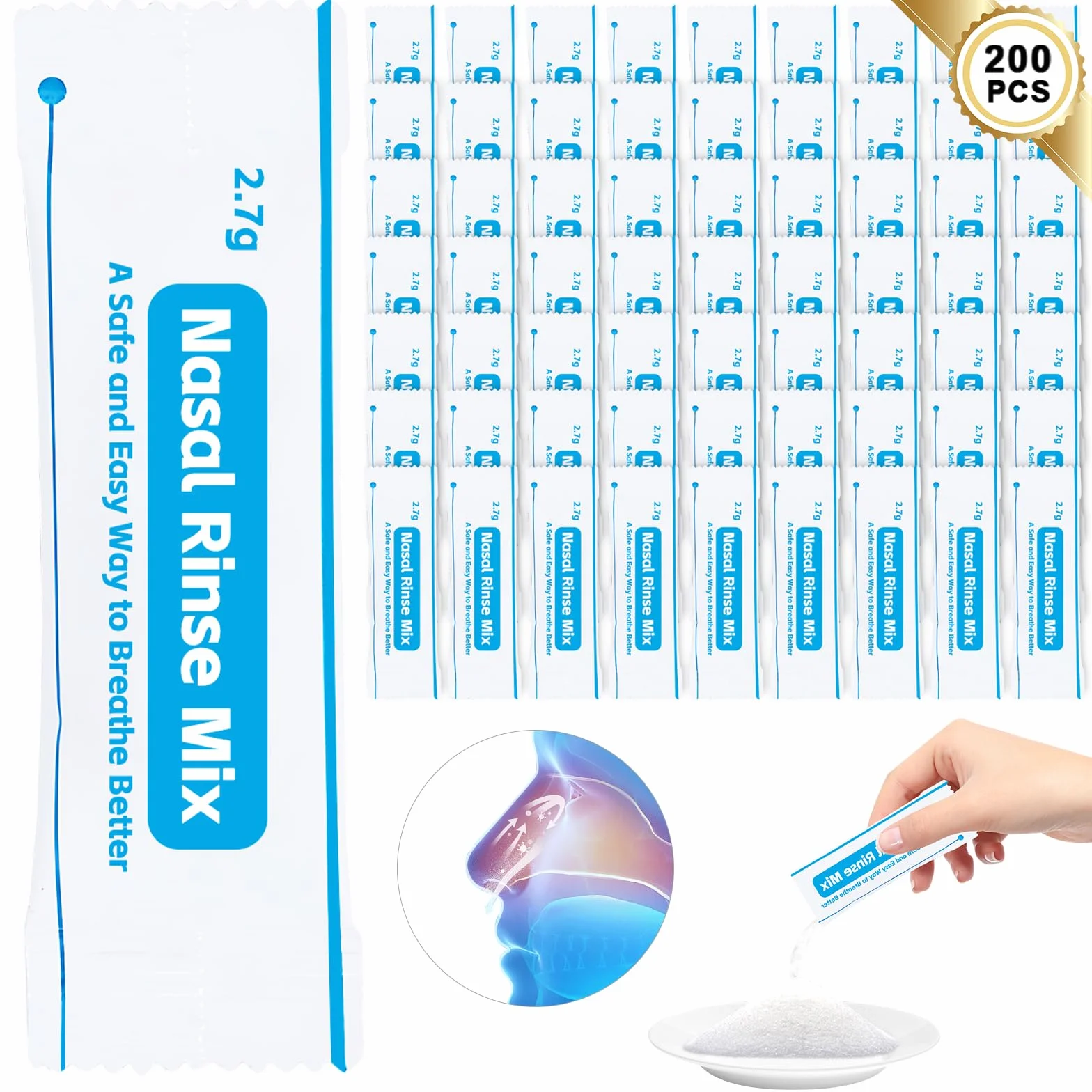 200 Bustine Sali Per Risciacquo Nasale, 2,7 G Bustine Per Doccia Nasale, Bustine Di Sale Per Risciacquo Sinusale Per Risciacquo Nasale Per Doccia Nasale, Kit Per Risciacquo Sinusale,Irrigazione Nasale