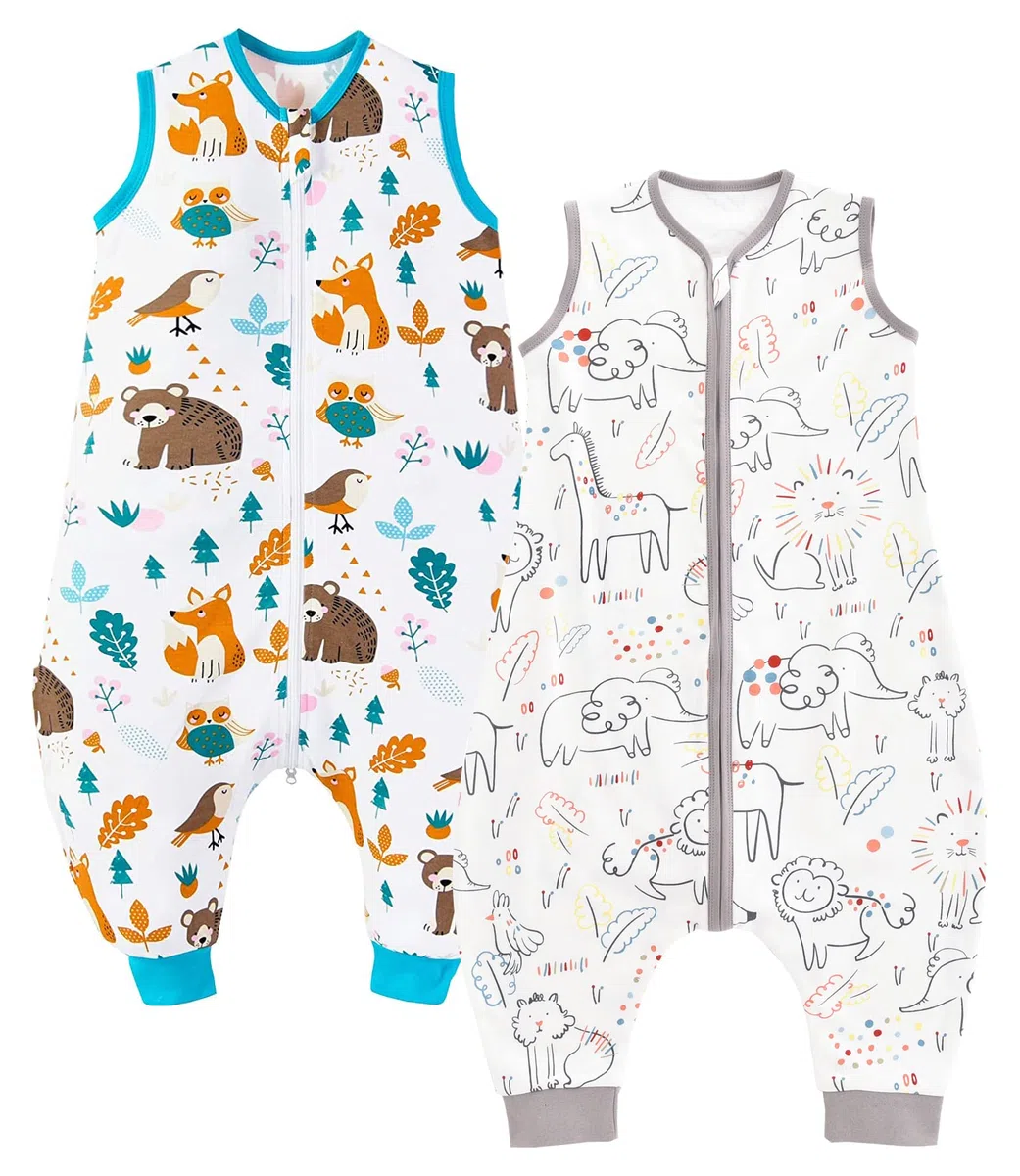 Chilsuessy - Confezione da 2 pezzi, sacco nanna estivo con piedi, 0,5 Tog, 100% cotone, per bambini e bambine, motivo animali della foresta, 100 cm (1 confezione)