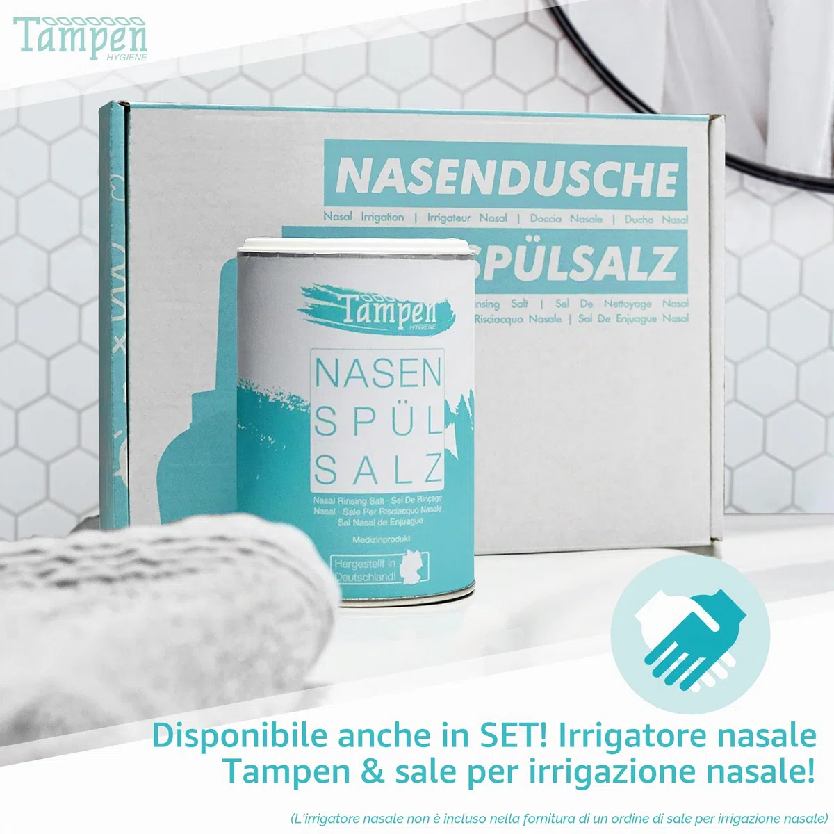 Tampen Hygiene, Nasenspülsalz, sale per lavaggi nasali (sfuso), con cucchiaio dosatore. 120 applicazioni. Ricarica da 300 g. Sale per docce nasali (etichetta in lingua italiana non garantita)