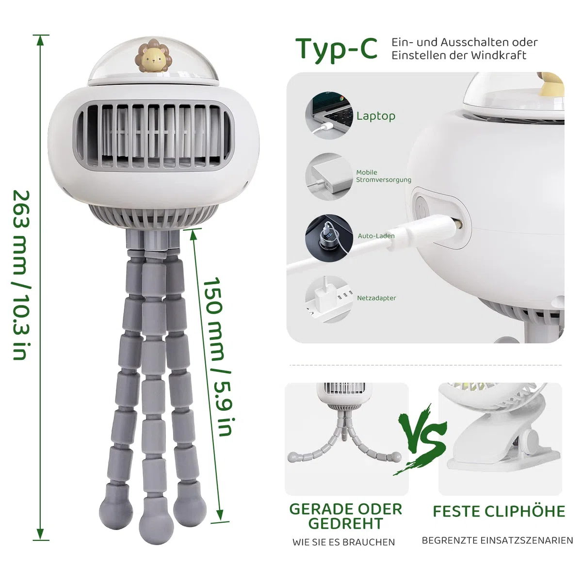 Bbtang Ventilatore Passeggino,USB Mini Ventilatore Portatile,3600mAh Ventilatore da tavolo con Treppiede flessibile 4 velocità per Passeggino, Tapis Roulant, Culle, Tenda,Campeggio