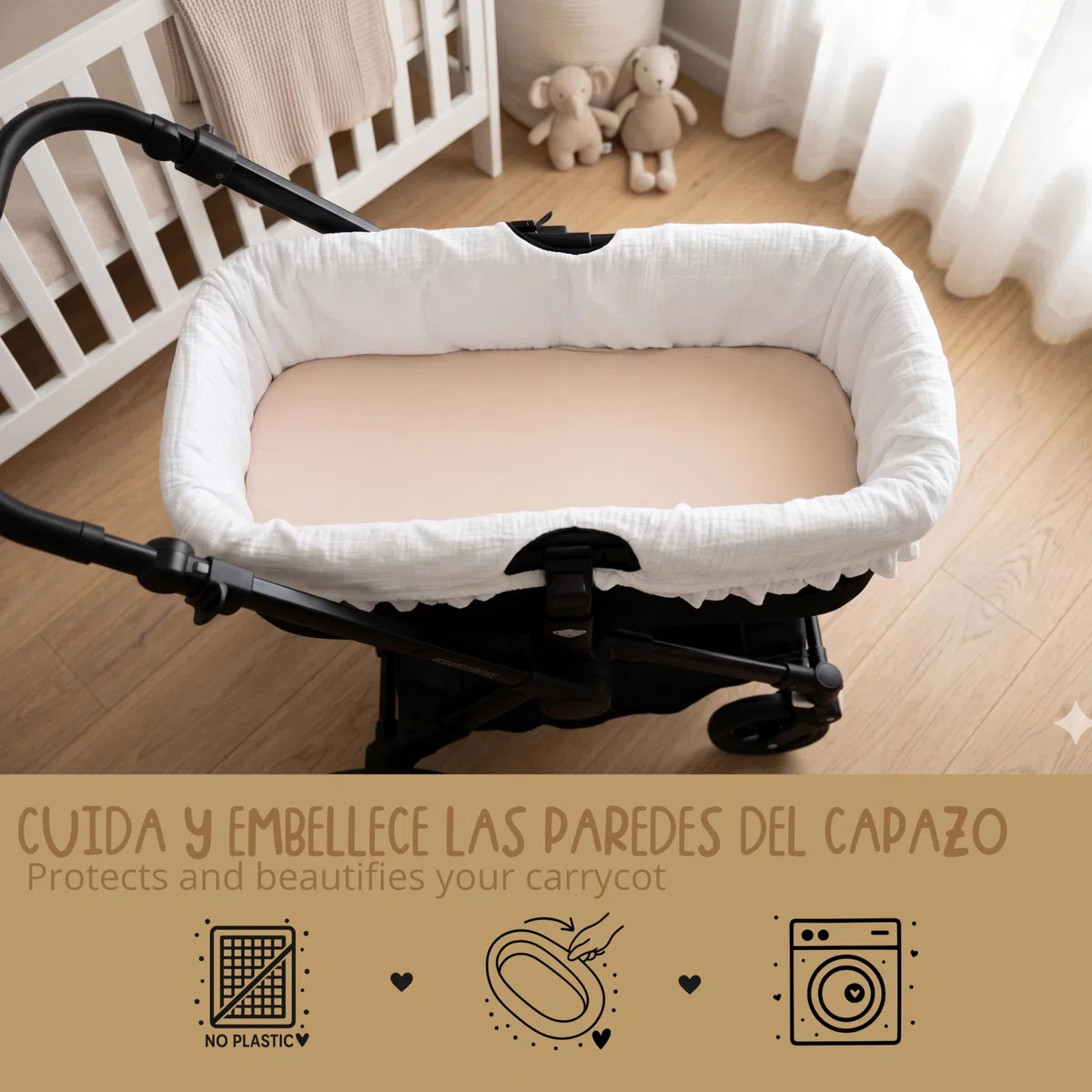 Thermikoa Copertura Universale per Navicella Carrozzina in Mussola con Volant Rivestimento Interno Neonato in Cotone Traspirante, Protezione Elegante per Passeggino, Accessorio Bianco Lavabile