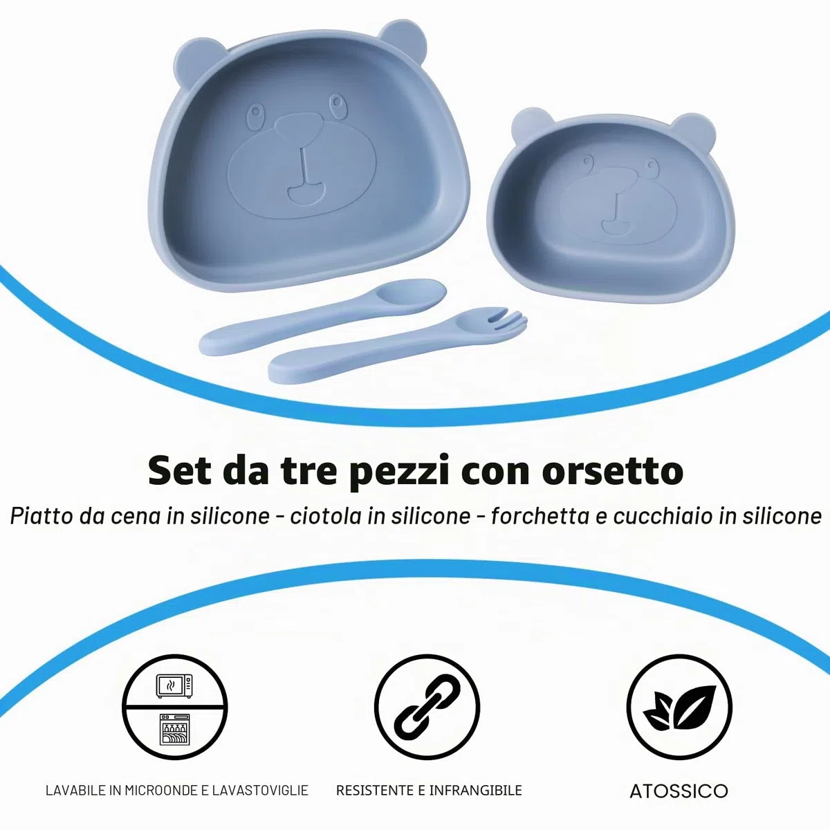 Piatto con Ventosa per Bambini in Silicone,4 Pezzi Piastra Ciotola per Neonati con Cucchiaio e Forchetta,Set Pappa Svezzamento Bambini,100% senza BPA,lavastoviglie e cassaforte a microonde,Blu