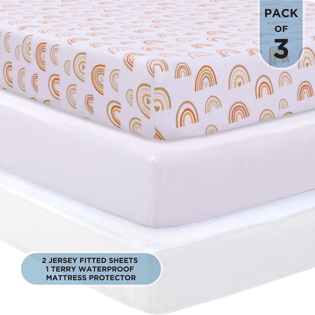 Berry & Bunny Confezione da 3 lenzuola per lettino da viaggio, 95 x 65 cm, 100% cotone, 2 lenzuola con angoli e 1 coprimaterasso impermeabile, morbide e traspiranti, per materasso per bambini, colore