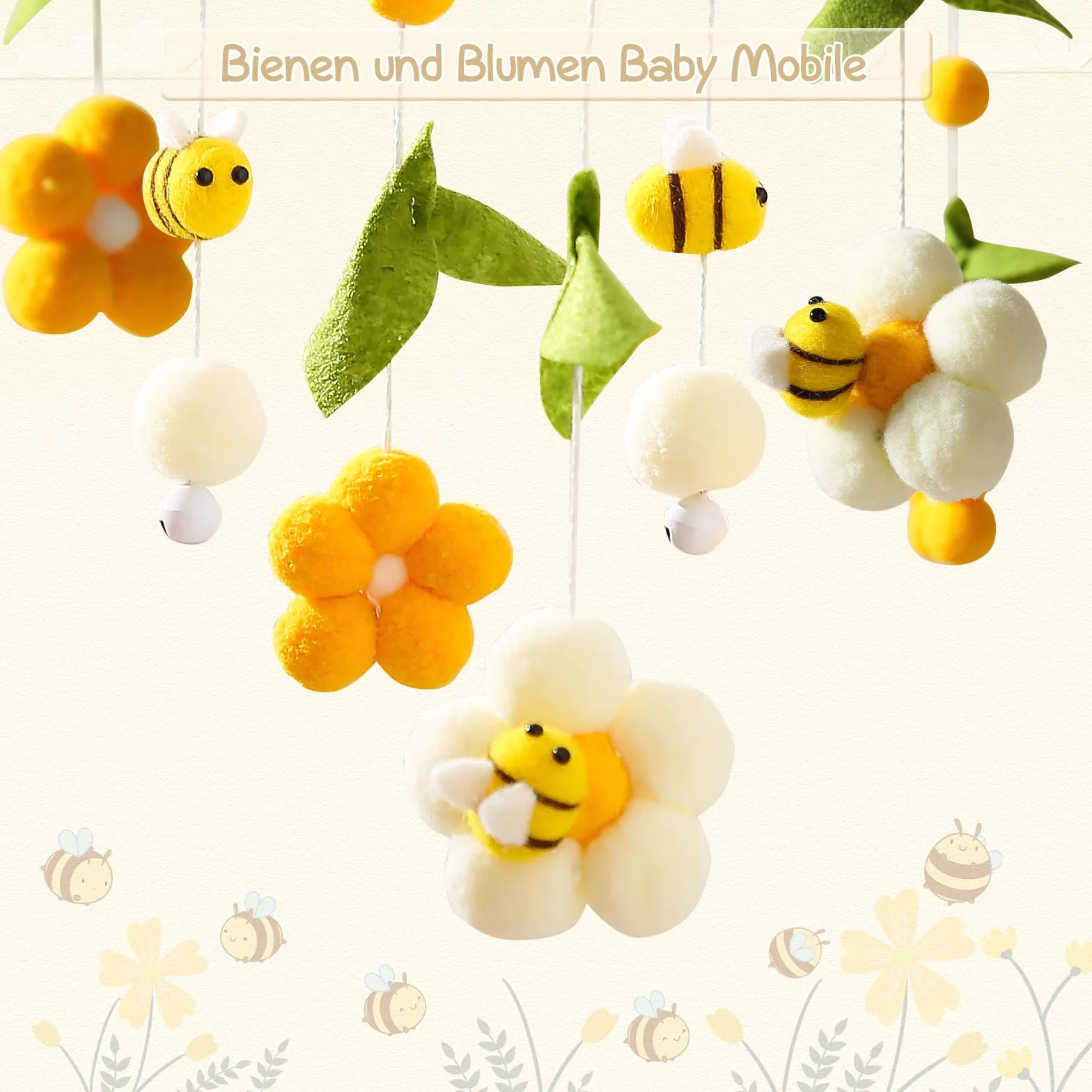 let's make Giostrina in legno con palline, fiori + foglie verdi + api scacciapensieri, mobile per ragazzi e ragazze, decorazione per la casa fresca regalo (ape)