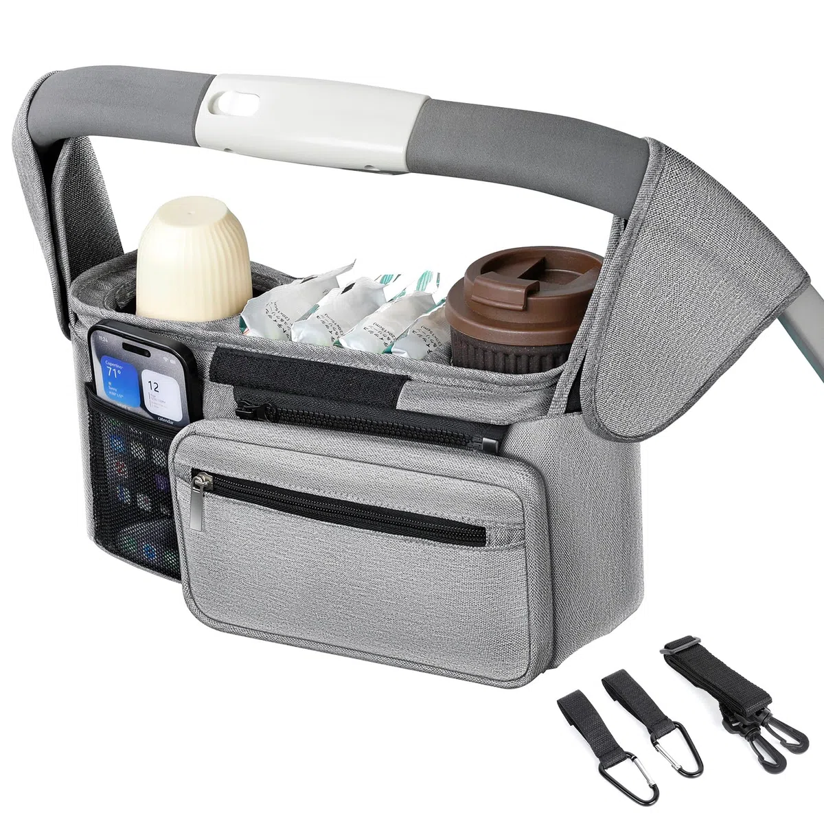 AiQInu Borsa Passeggino Borsa Organizer con Portabicchieri Isolati Tracolla,Impermeabile Borsa per Passeggino Universale con gancio per passeggino, con velcro
