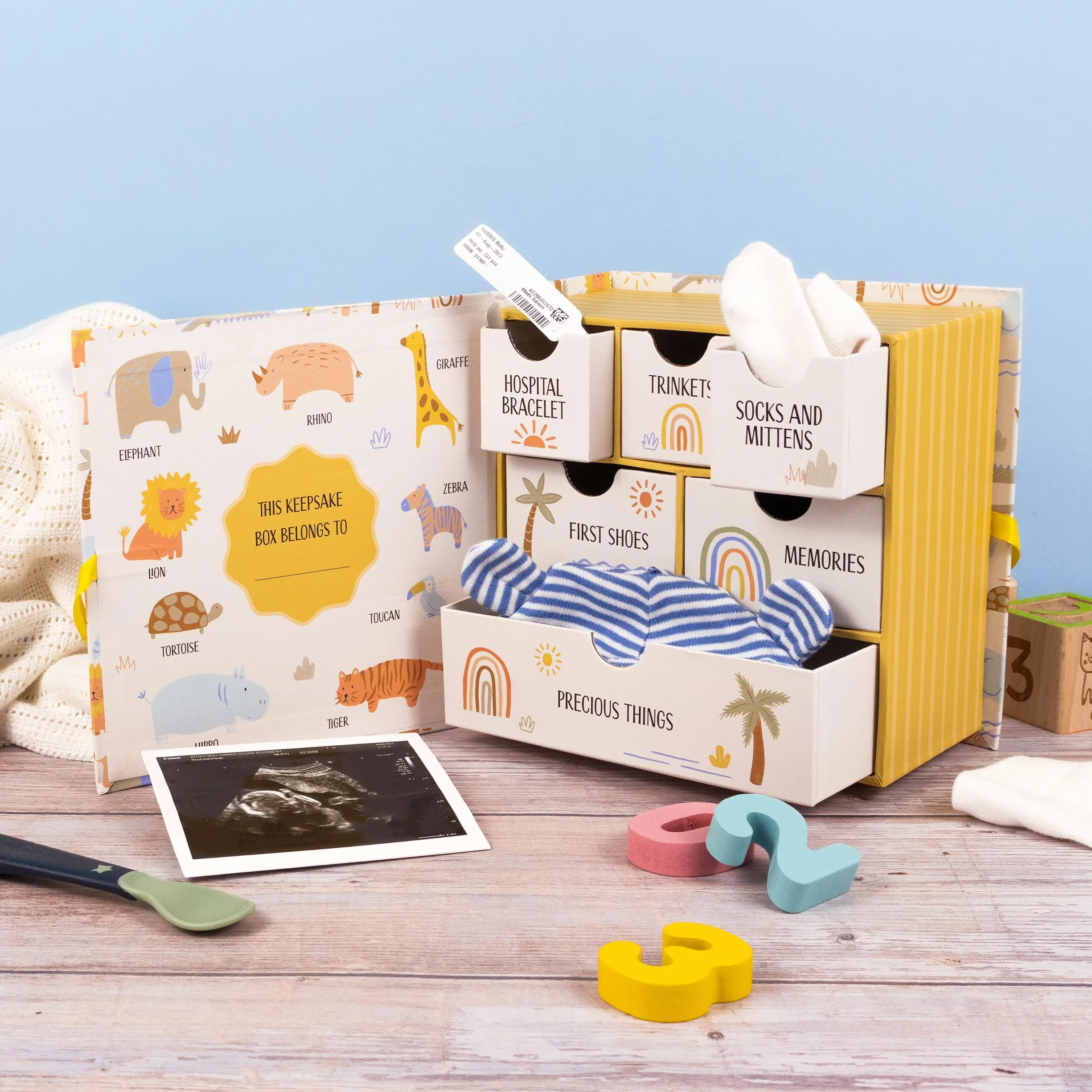 Scatola per Ricordi del Bebè con Animali della Ninna Nanna – Scatola dei Ricordi con 6 Cassetti per Mementos del Neonato – Regalo per Bambino con Chiusura a Nastro