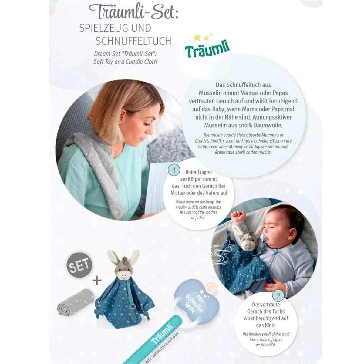 Set Sogni d'oro, Emmi L’Asinello, Pupazzo di pezza con porta-ciuccio e fazzoletto, Celeste/Grigio