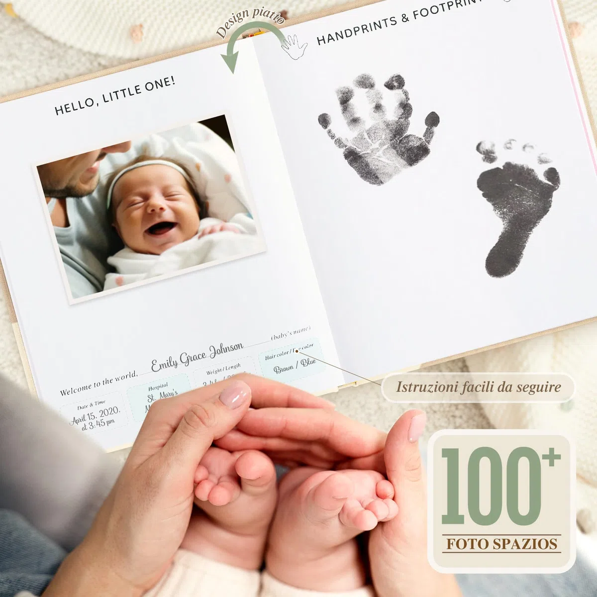 Lanpn Album Nascita Bambino e Bambina, Libro dei Ricordi Neonato per Primo Anno a 5 Anni, Albums Fotografico Neonato per Incollare Foto e Scritte, Diario Regalo Bimbo (Beige, 154 Pagine, Inglese)