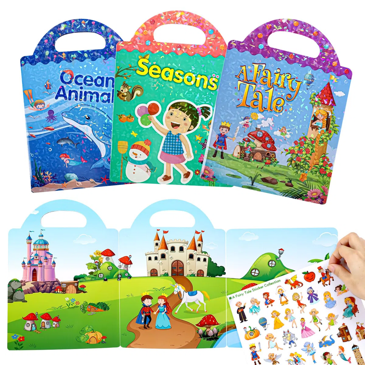 Trasparente 3D Riutilizzabile impermeabile Sticker Libri Giocattoli per bambini 3 Pack Libri adesivi per età 3-6 anni Ragazzi Ragazze adesivi stagioni,fiabe,animali marini Sticker educativo Giocattoli