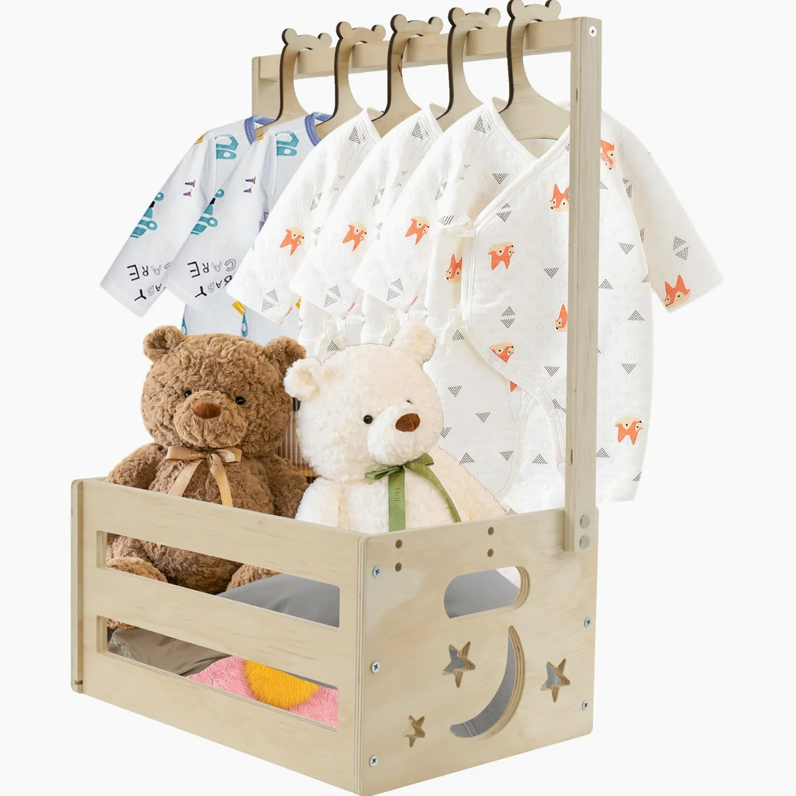 Cassetto per Baby Shower con 5 Ganci, Cestino per Bambini in Legno con Maniglia, Cassetta di Legno per la Conservazione dei Vestiti dei Bambini, Cesto Decorativo per Vestiti da Doccia, Gravidanza