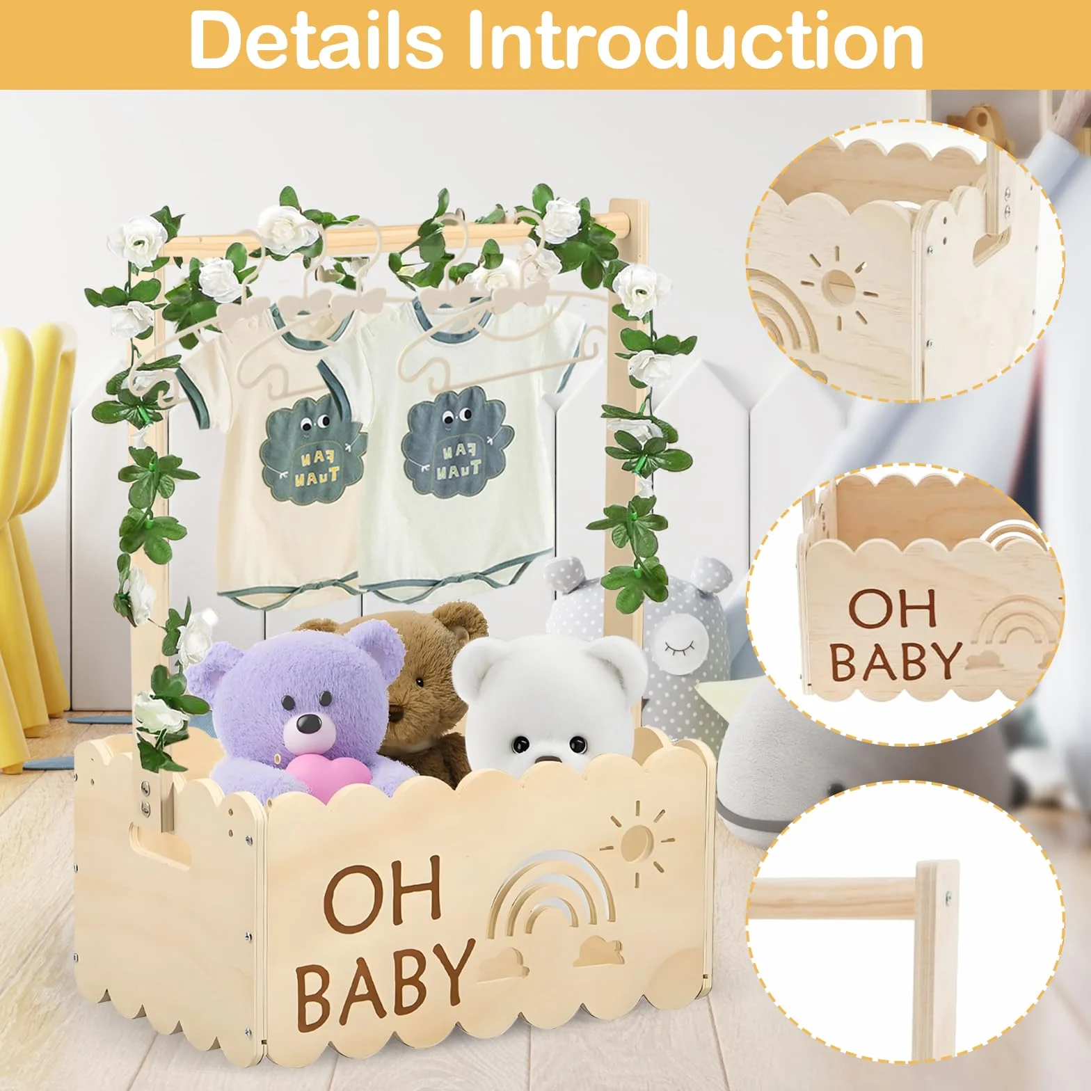 Cestino Per Neonati In Legno, Scatola Di Legno Per Baby Shower Mobiletto In Legno Per Baby Shower Cesto Per Neonato Con Rosa E 5 Grucce Regalo Personalizzato Per Neonato Per Baby Shower