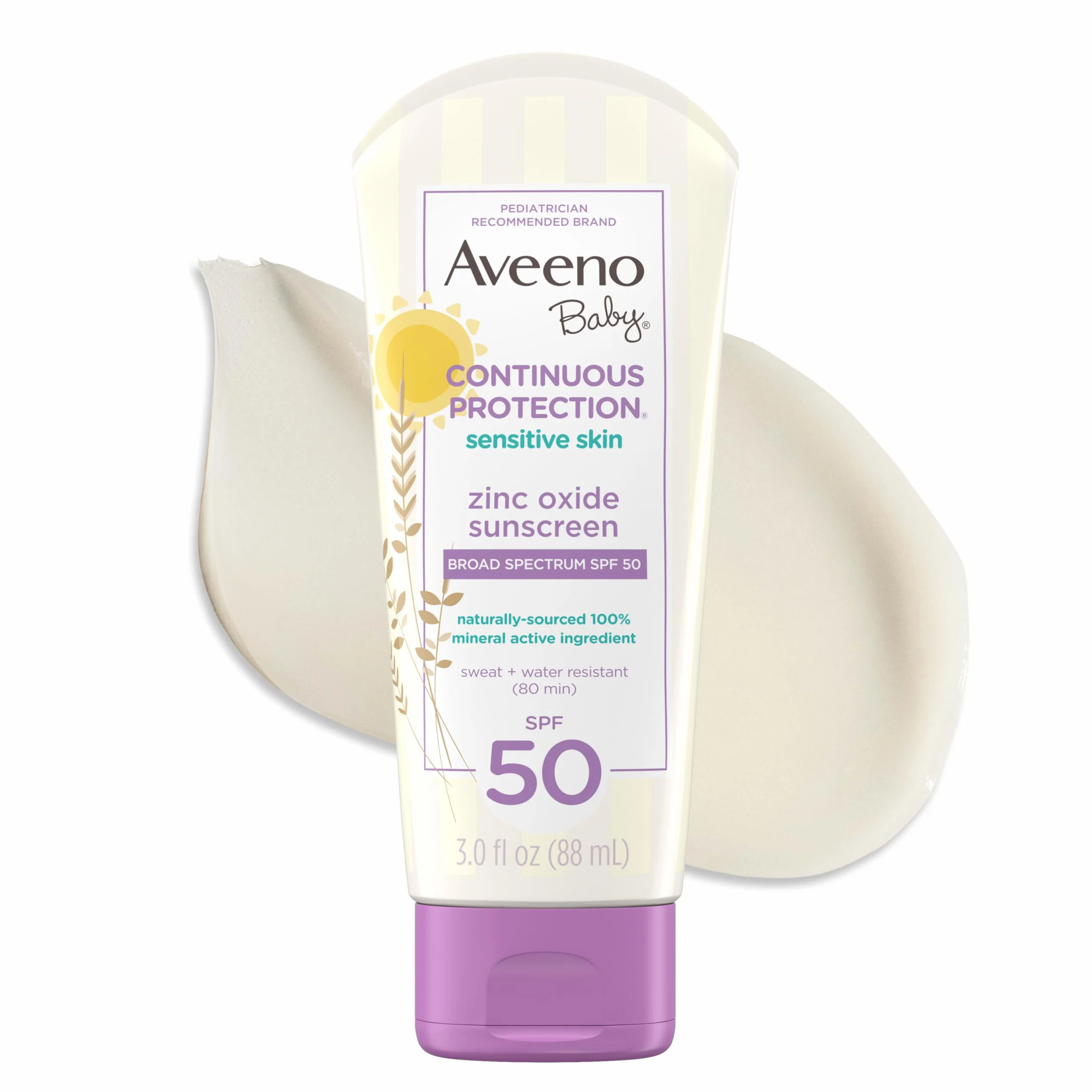 Aveeno Baby AVEENO Baby Lozione protettiva permanente per pelli sensibili Crema solare all'ossido di zinco SPF 50 3 oz 3 Fl. Oz