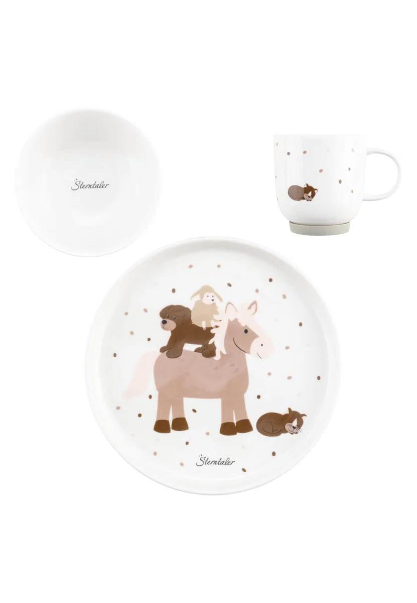 Sterntaler Set di stoviglie in porcellana fattoria – Set di stoviglie con base in silicone antiscivolo e rimovibile – stoviglie per bambini e bambini con piatto, ciotola da 400 ml e tazza da 200 ml