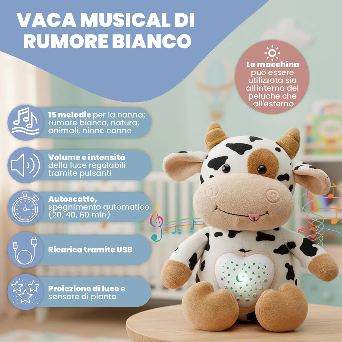 Peluche Neonato Rumori Bianchi – 15 Suoni Rilassanti e Ninna Nanna Per Bambini con Timer e Rilevamento Pianto – Carillon Neonati – Rumori Bianchi Per neonato e Regalo Nascita