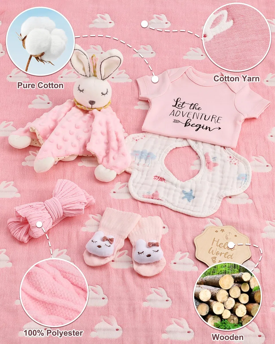 Lictin Set Regalo Neonato per Bambini e Bambine-neonata femmina regali,Regali Nascita con bavaglini, coperta di sicurezza per coniglietti, calzini, pietre miliari in legno, ecc. regali per bambine.