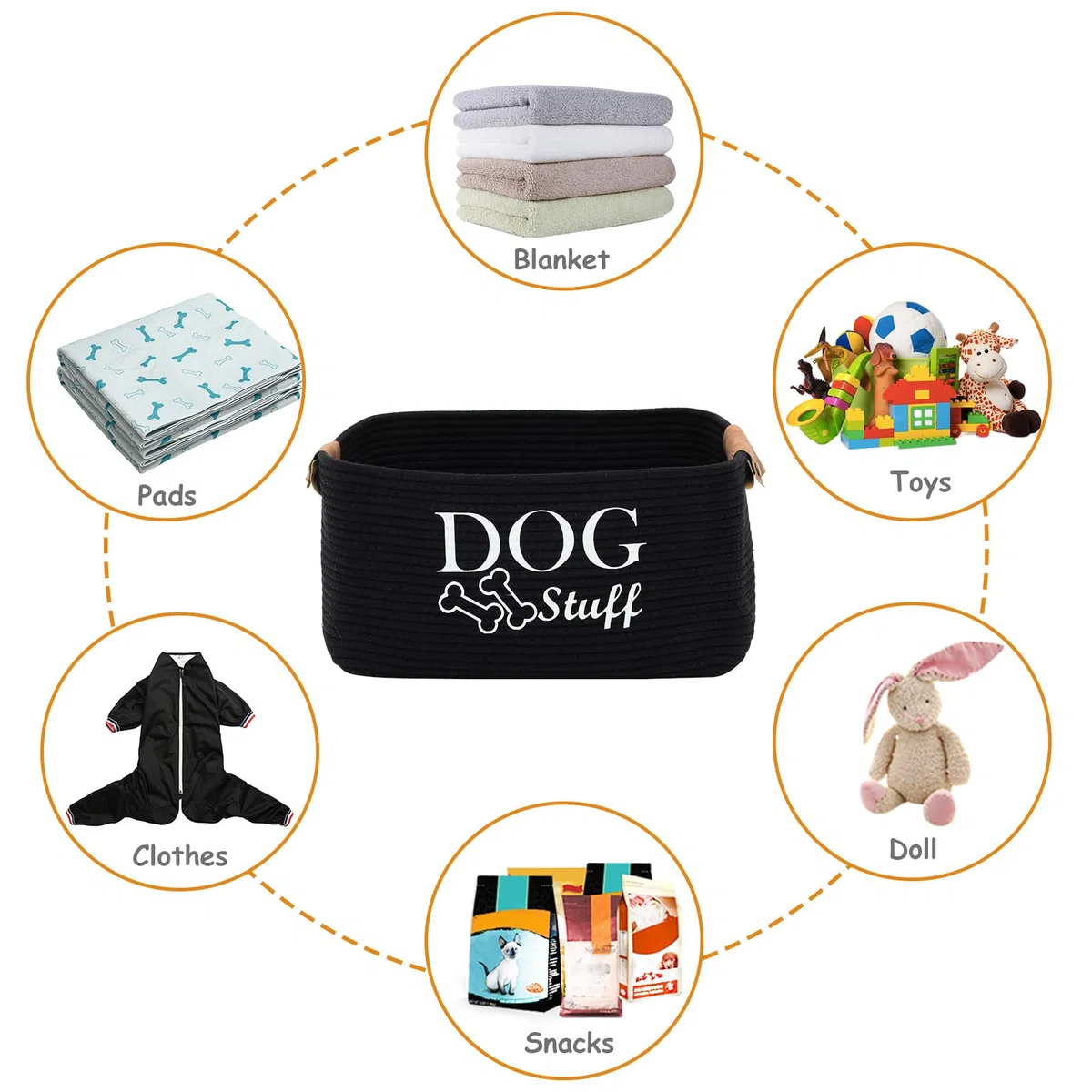 Geyecete-Cestino portaoggetti per giocattoli cani intrecciato in corda di cotone,Con manico in pelle,Portatile Cesto portaoggetti per giocattoli et vestiti/accessori per cane/gatti-Nero