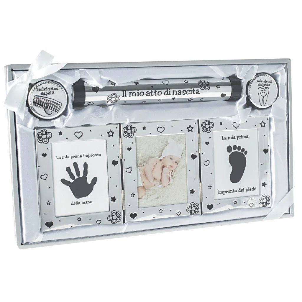 Set Regalo Neonato con Cornice Impronte Mani e Piedi Bambino, Porta Dentini, Porta Capelli e Custodia Certificato di Nascita – Regalo Nascita Originale per Genitori e Nonni
