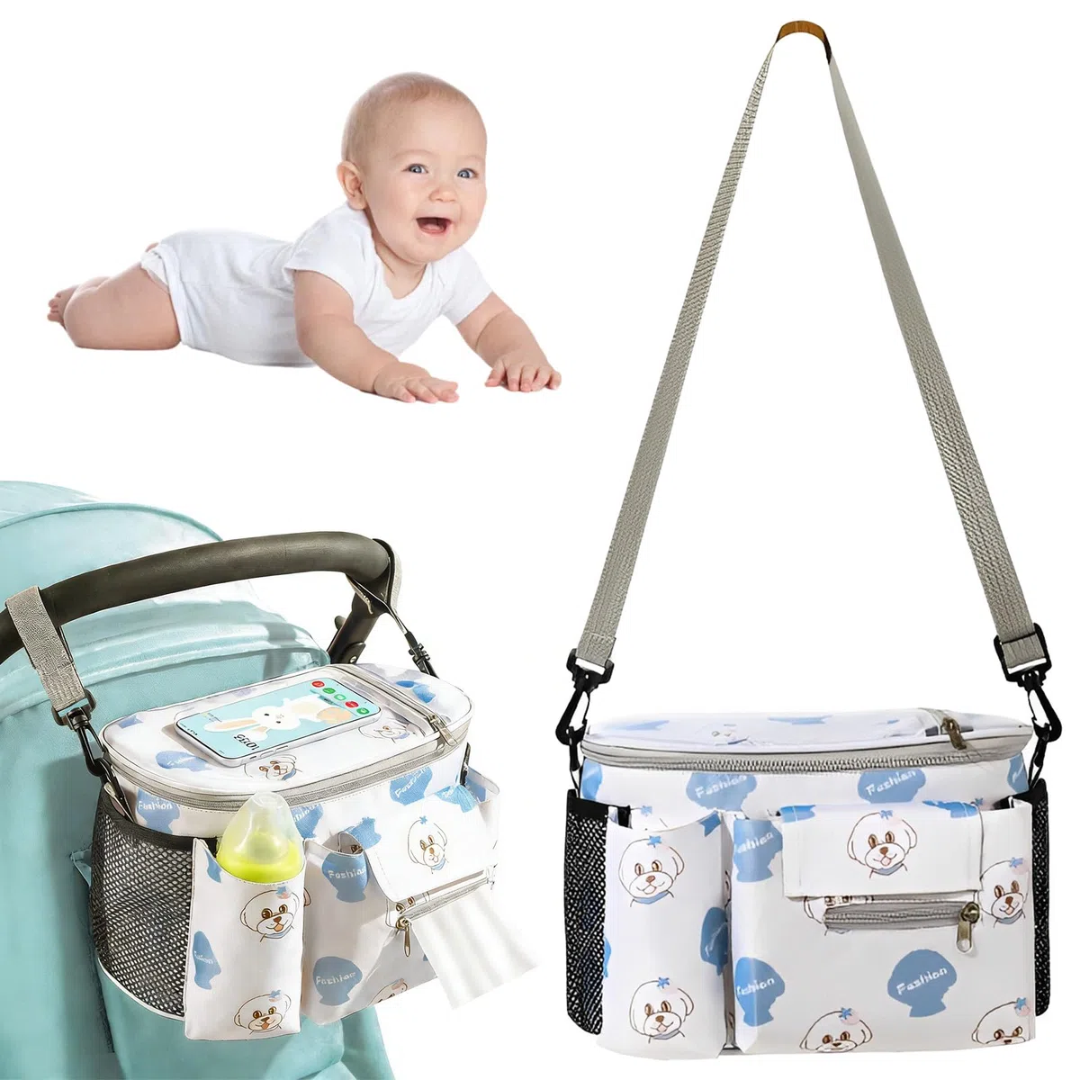 Borsa Passeggino Universale, Impermeabile e Resistente Borsa Carrozzina Neonato con Supporto di Tazza, Borsa Telefono e Tracolla, Adatta Alla Maggior Parte dei Passeggini