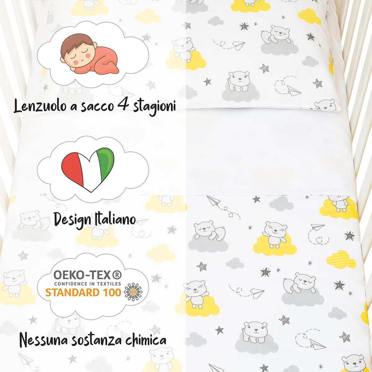 Set Lenzuola 3 Pezzi Per Lettino Neonato, 60x120 cm, 1 Lenzuolo Di Sotto Con Angoli, 1 Lenzuolo Di Sopra Copripiumino/Sacco, 1 Federa Cuscino, 100% Cotone, Nuvole