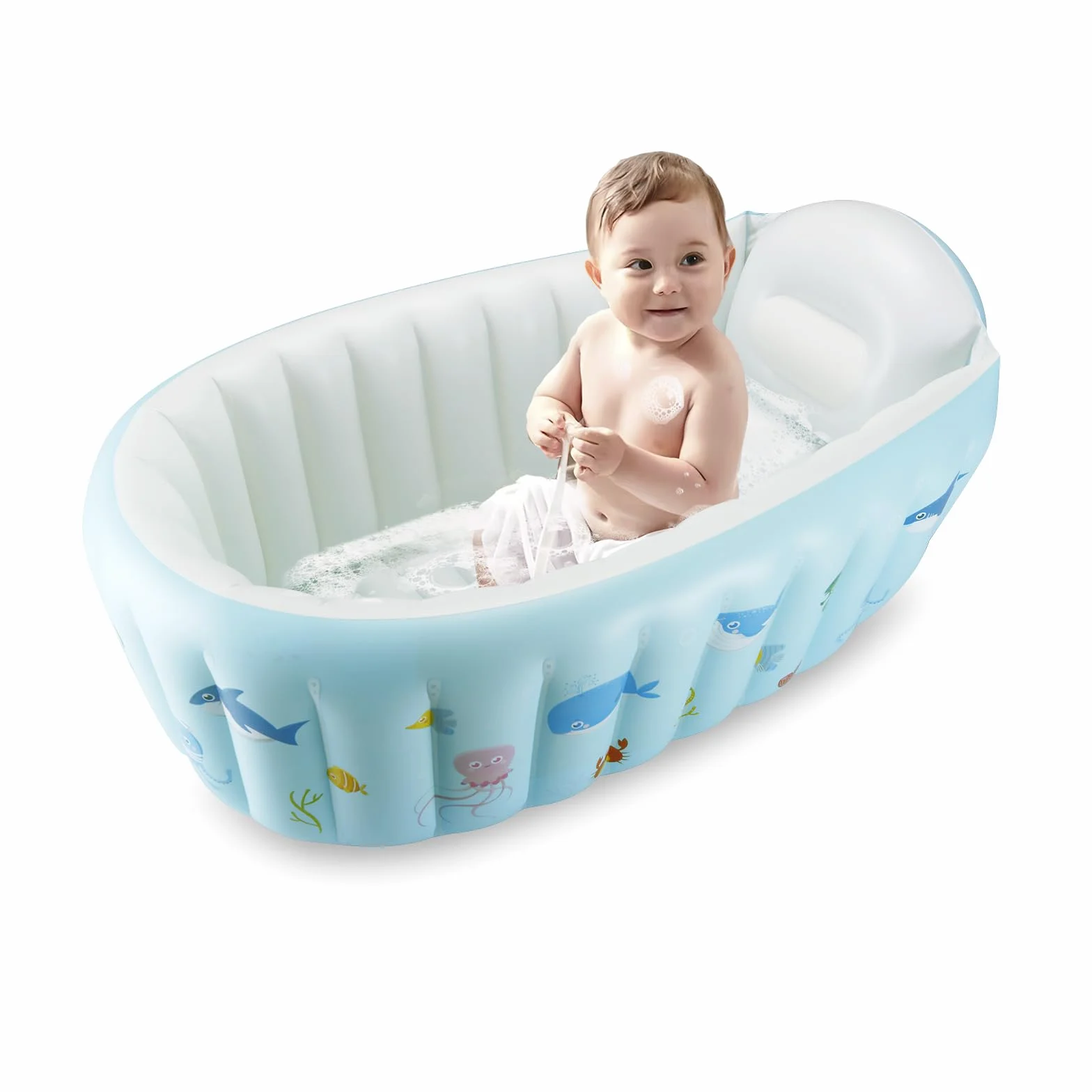 PandaEar Vasca da Bagno Gonfiabile per Bambini, Vaschetta Portatile da Viaggio per Neonati e Bambini con Pompa ad Aria, Bacinella Pieghevole Antiscivolo, Mini Piscina per Neonati (Blu Balena)