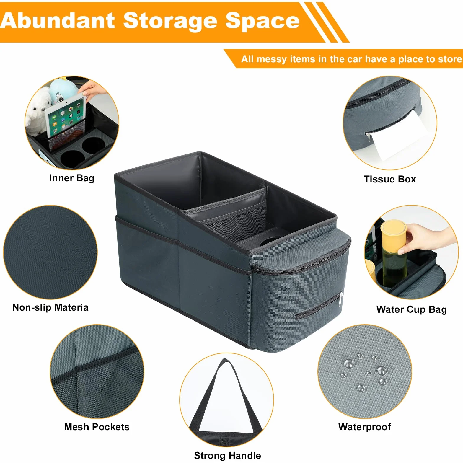 Cozary Organizer Auto, Pieghevole Organizzatore Sedili Auto con Cinture di Sicurezza & Portabicchieri, Organizer Macchina Per Giocattoli, Libri, Snack, Grigio scuro