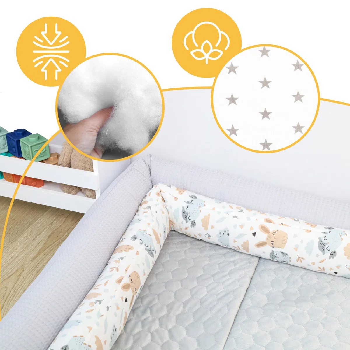 Totsy Baby Cuscino XXL a Forma di Serpente per Letto, Cuscino da Allattamento, Cuscino Decorativo, Protezione per Il Bordo del Letto, paracolpi XL Stelle Grigie su Bianco 400 cm Certificato Oeko-Tex