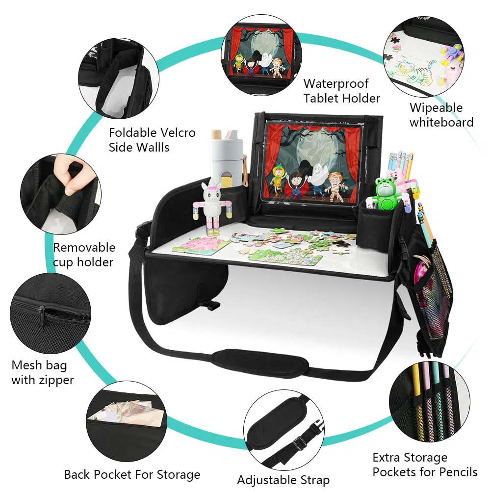 Set combinato 1 Vassoio da Viaggio e 1 Protezione Sedili Auto,Tavolino Auto Bambini, Vassoio Portatile per Tablet, Studiare/Disegnare in Macchina per Ragazze e Maschi (Pacchetto Combinato Nero)