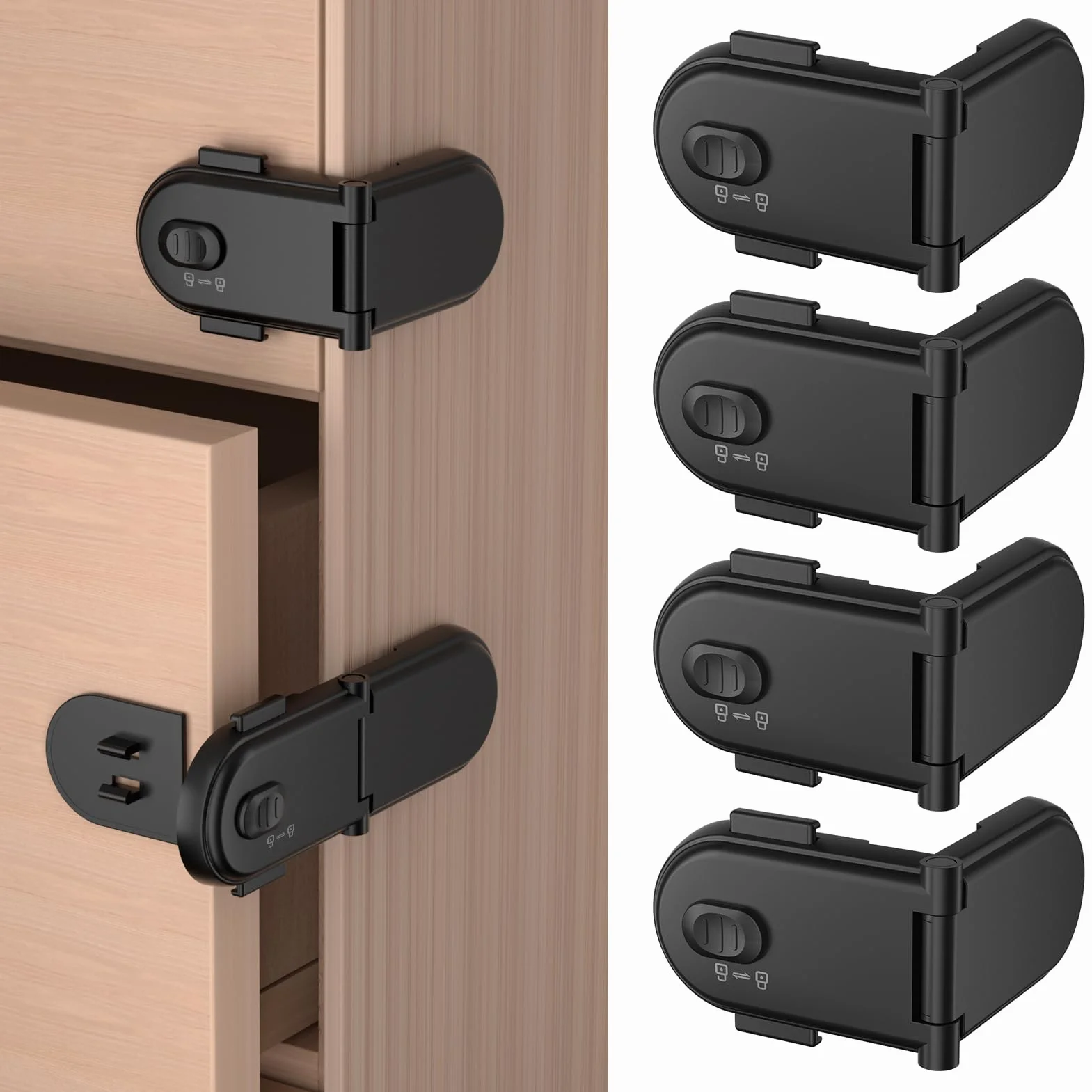 REDTRON Serrature per di sicurezza per bambini con doppio interruttore di sicurezza (4 pezzi, nero), blocca cassetti per bambini, facili da installare con adesivo 3M