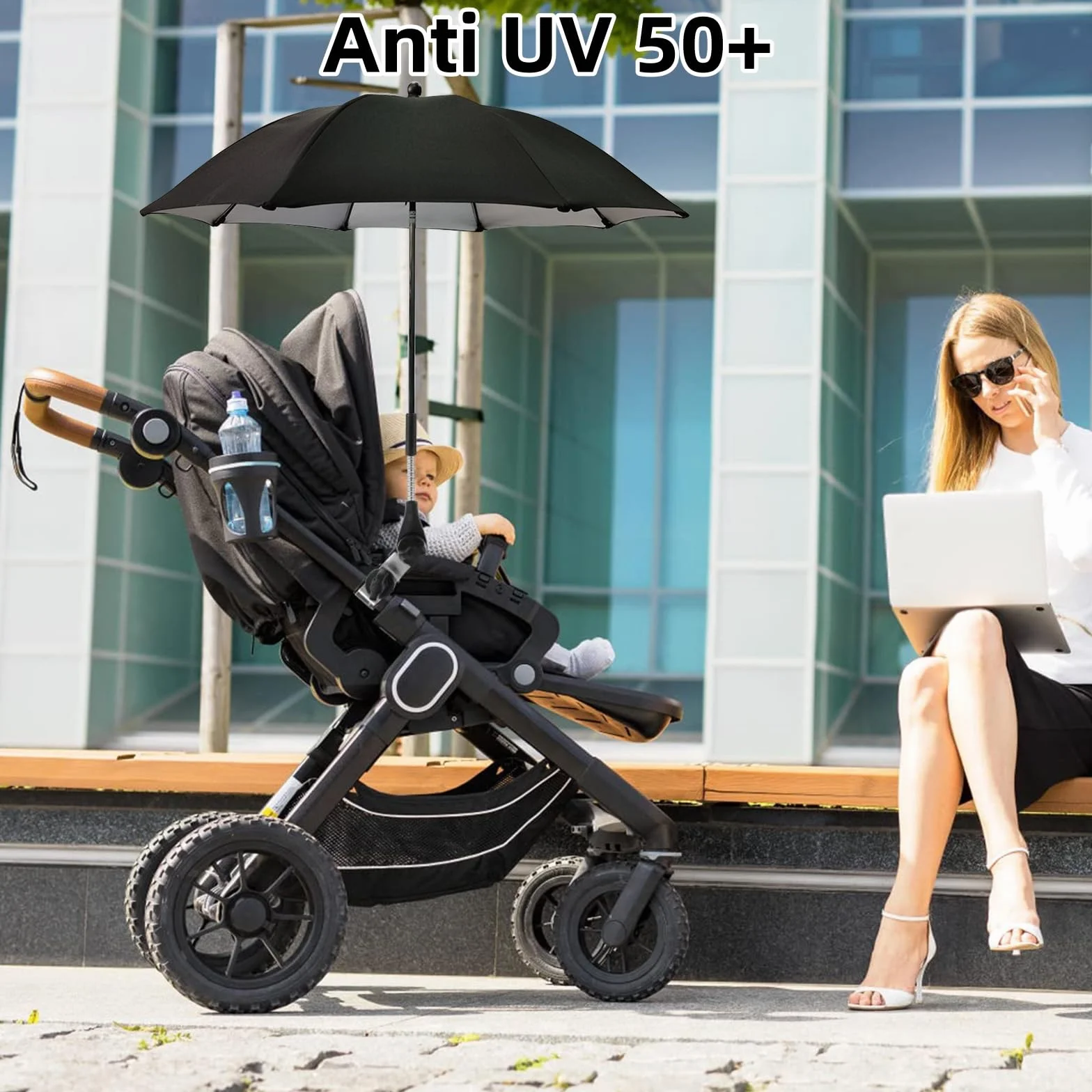 Ombrellino Parasole Passeggino, Ombrellino Passeggino Universale Anti UV 50+, Ombrello Parasole Passeggino con Un Manico, Ombrellone per Passeggino per Carrozzina e Passeggino,Nero