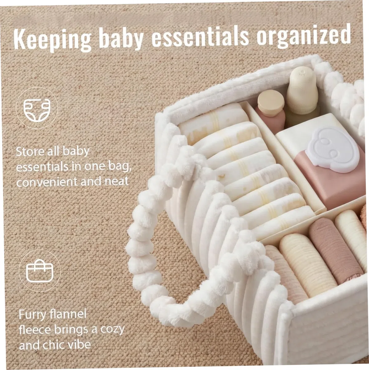 Portapannolini per bambini, Portapannolini portatile con divisori rimovibili, Contenitore in morbida flanella per oggetti essenziali, giocattoli e forniture per bambini, Bianco